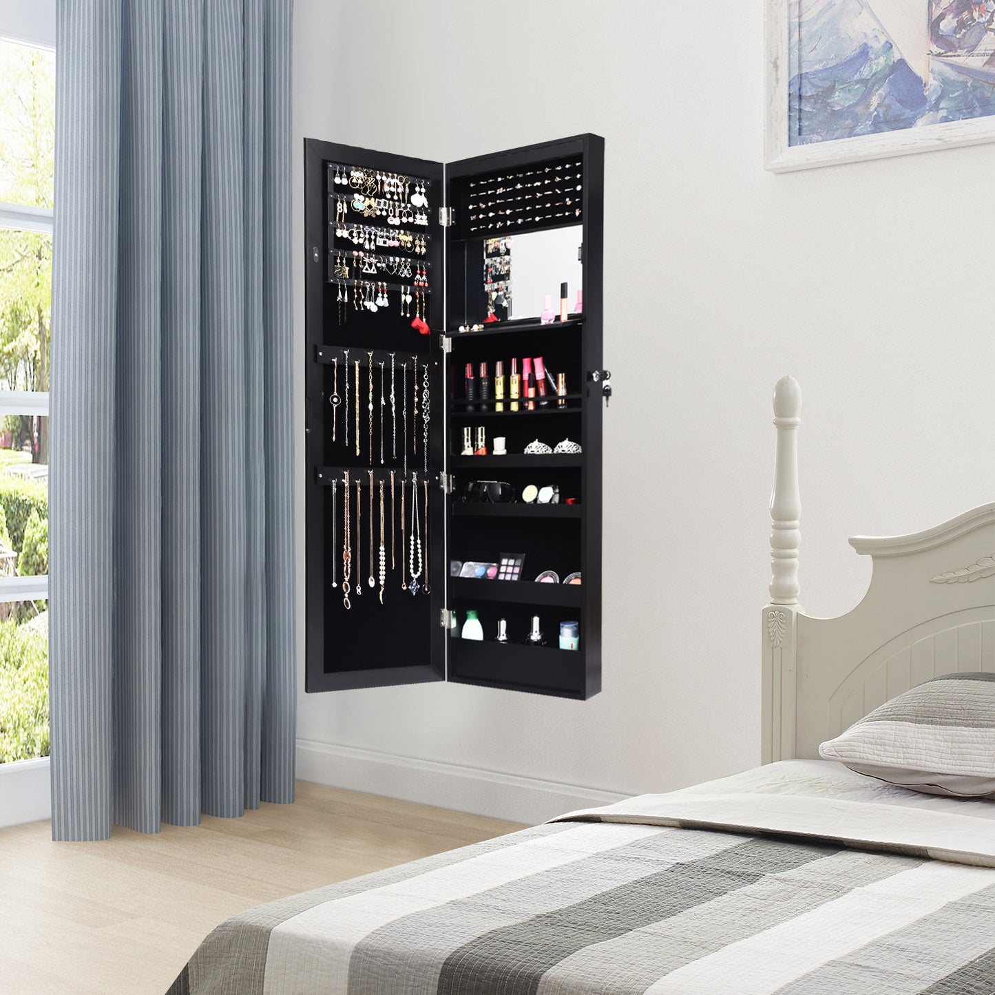 Wall Mounted Jewelry Cabinet with LED Lights and Mirror