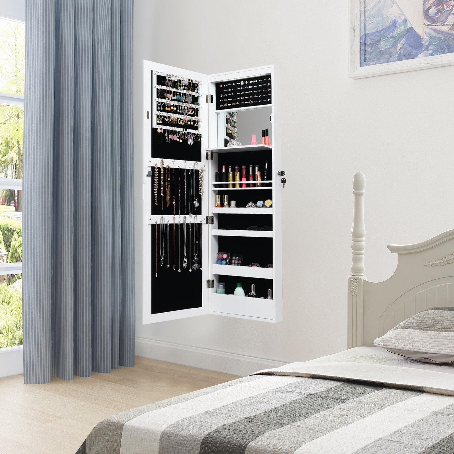 Wall Mounted Jewelry Cabinet with LED Lights and Mirror