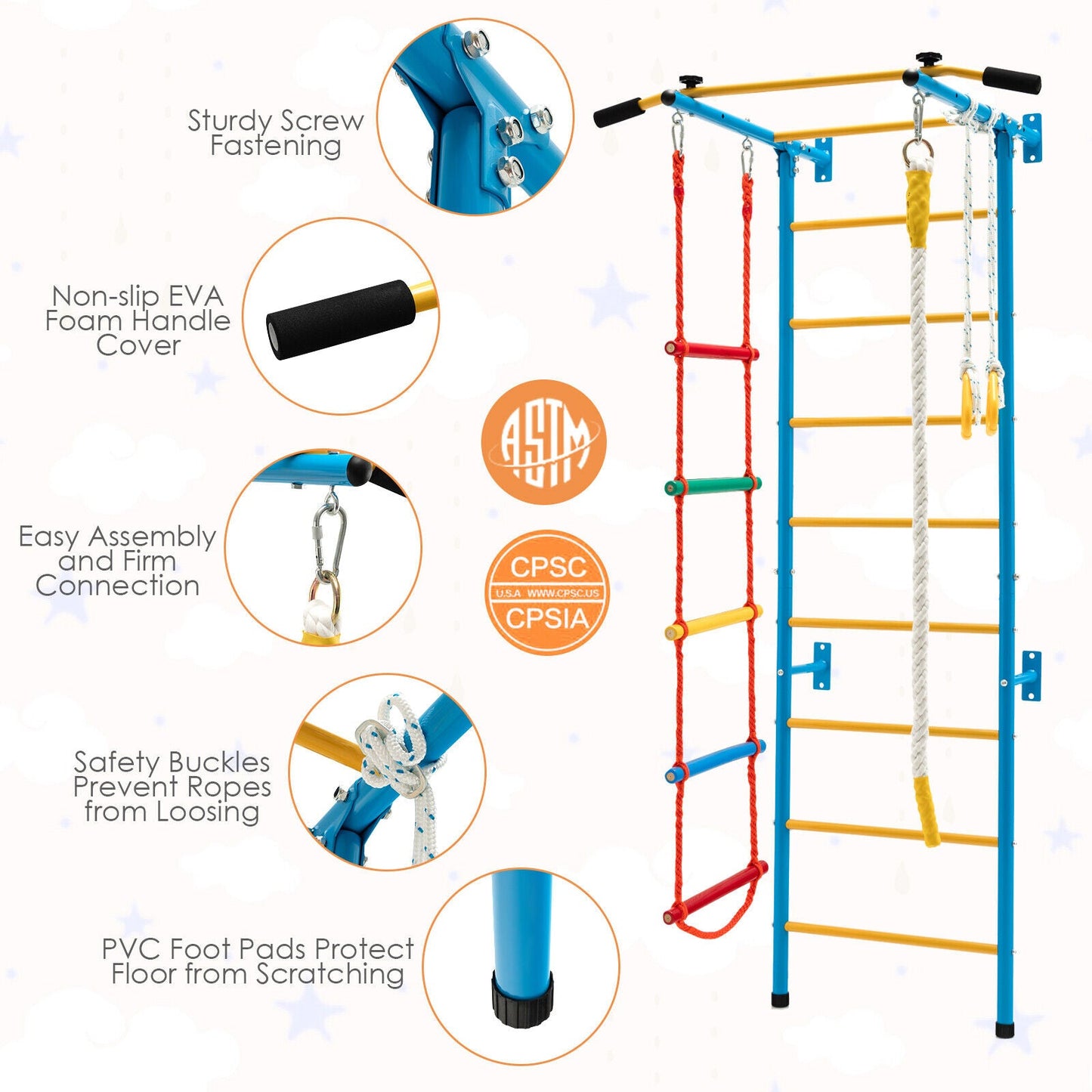 7 In 1 Kids Indoor Gym Playground Swedish Wall Ladder for Solid Wall-Yellow