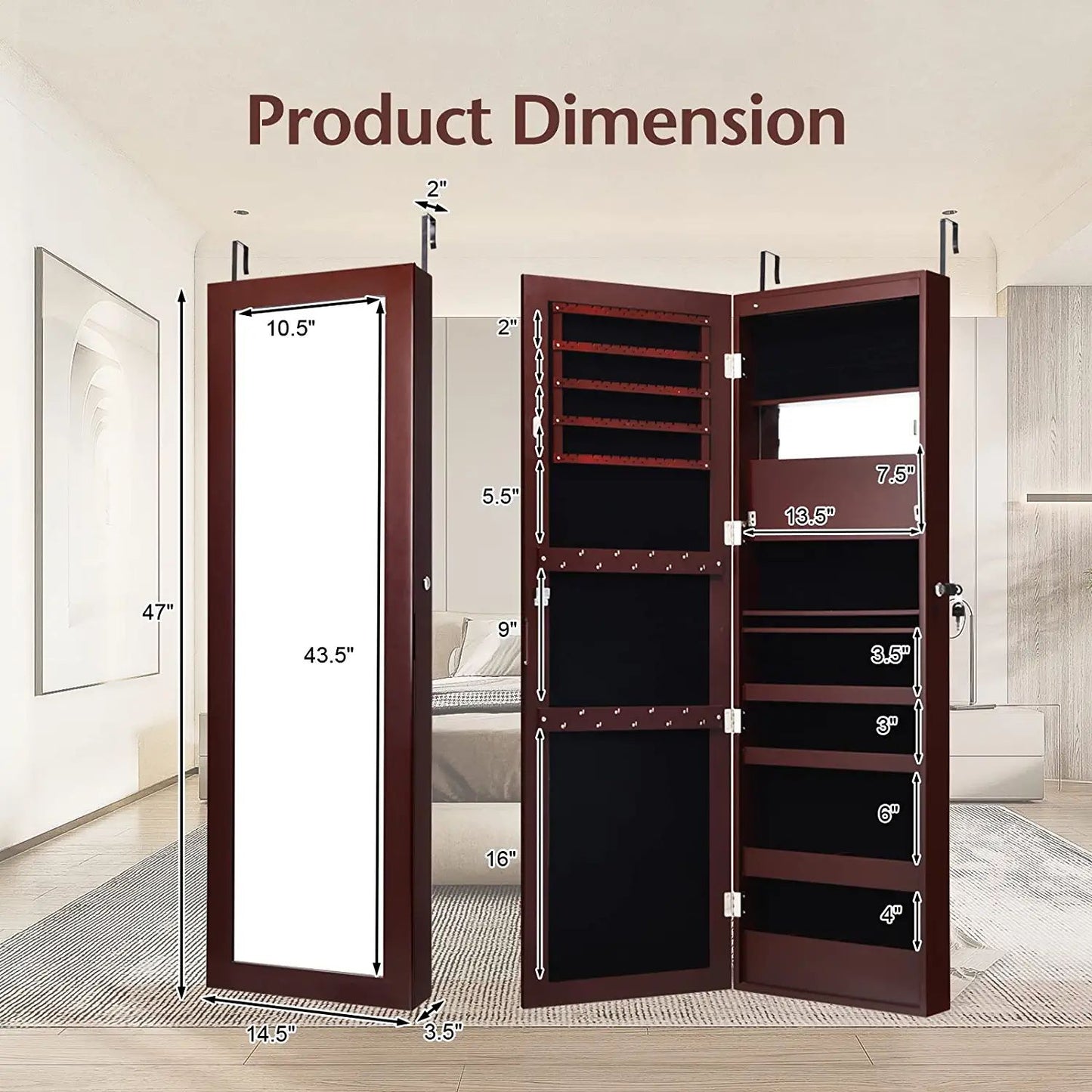 Wall Mounted Jewelry Cabinet with LED Lights and Mirror