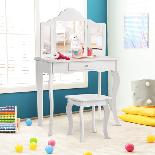 Kids Vanity Table and Stool Set with Mirror and Drawer