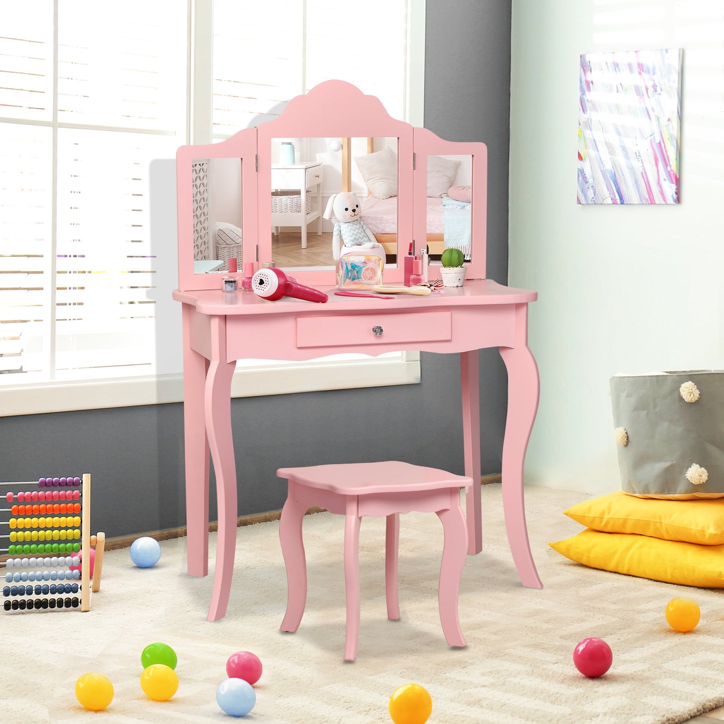 Kids Vanity Table and Stool Set with Mirror and Drawer