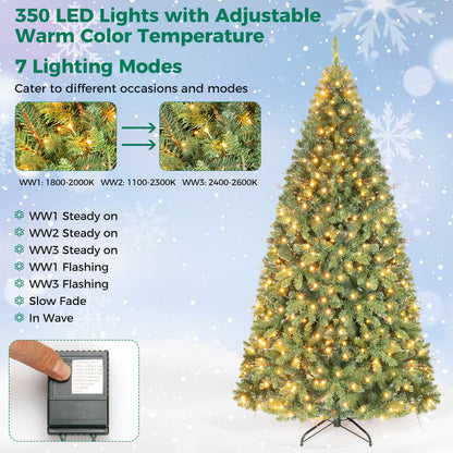 7 FT Pre-Lit Artificial Christmas Tree wIth 350 Adjustable Warm LED Lights