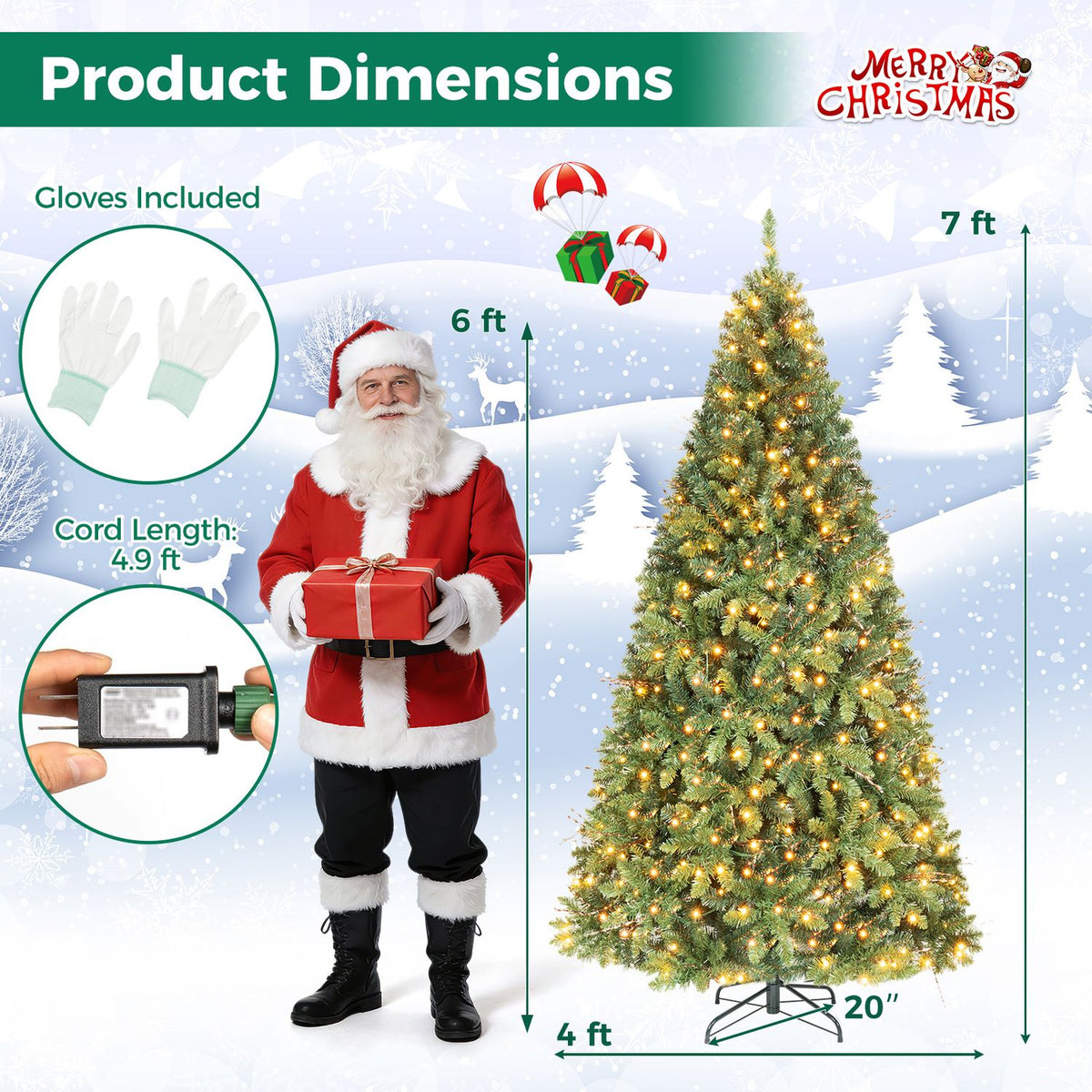7 FT Pre-Lit Artificial Christmas Tree wIth 350 Adjustable Warm LED Lights