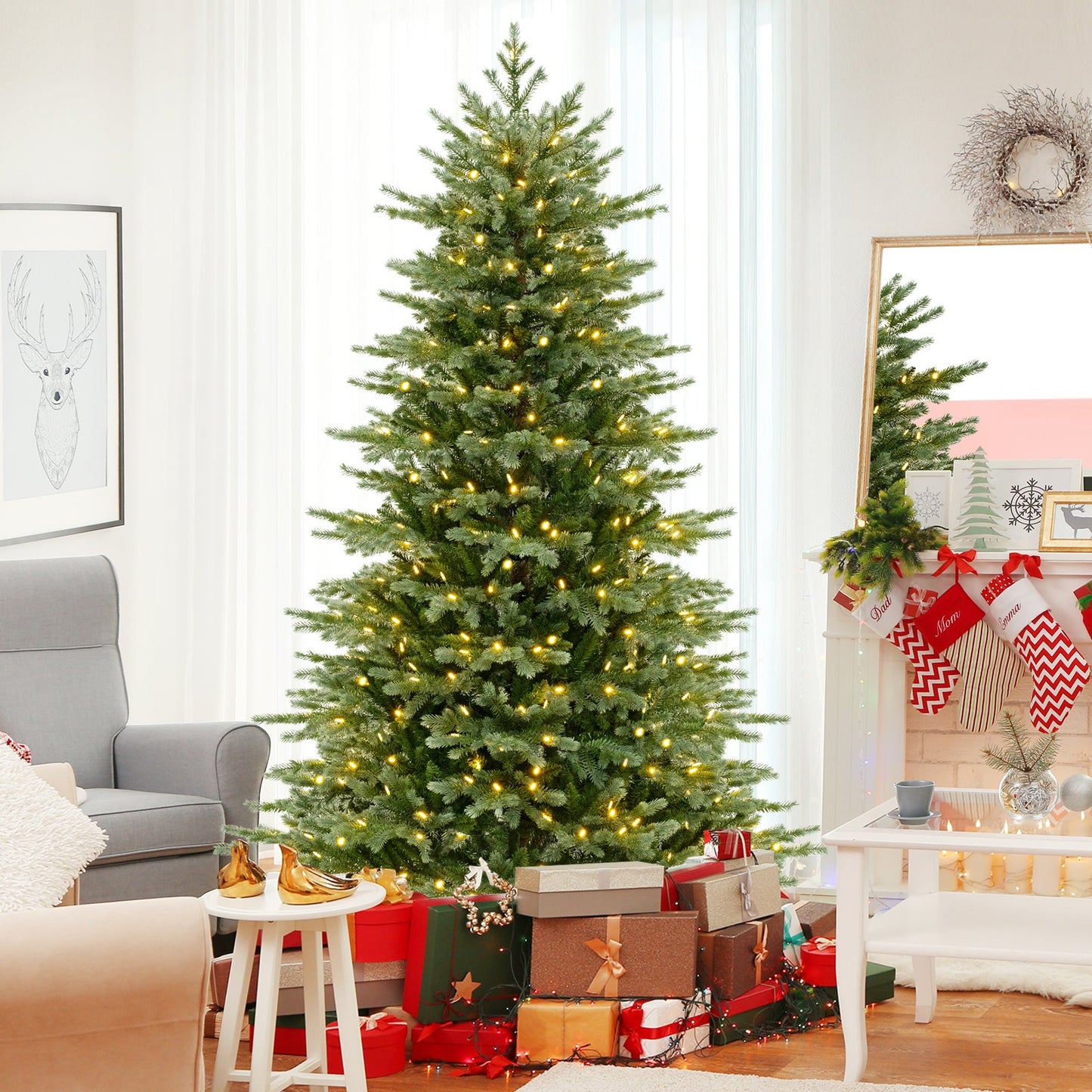 5/6/7 Feet Artificial Christmas Tree with 1426/2116/3156 Lush PVC and 200/300/400 Warm White LED Lights