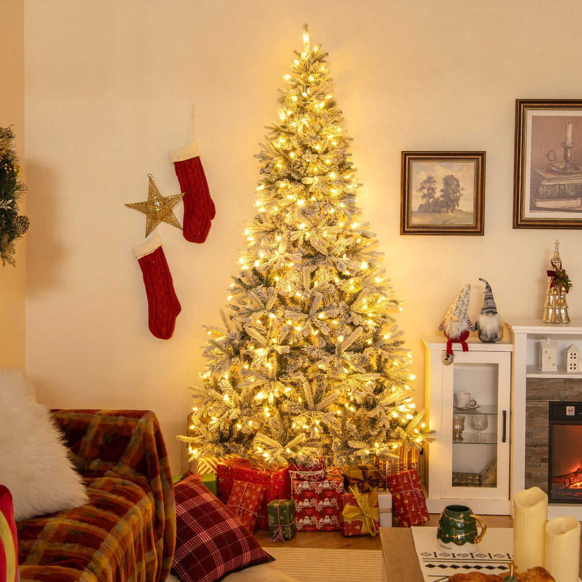 7 Feet Half Artificial Christmas Tree with 852 PE & PVC Branch Tips and 9 Modes-M