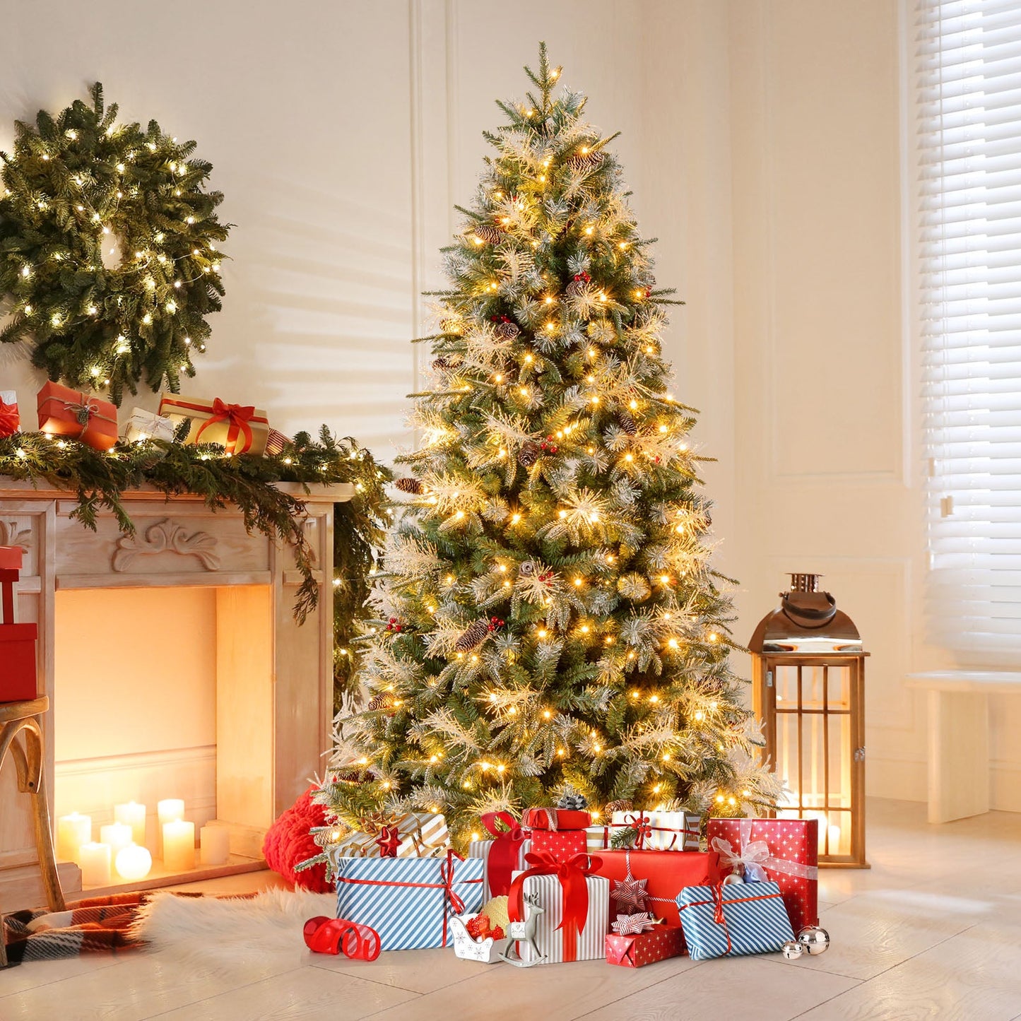 5 Feet Pre-Lit Artificial Christmas Tree with 8 Modes LED Lights with Berries
