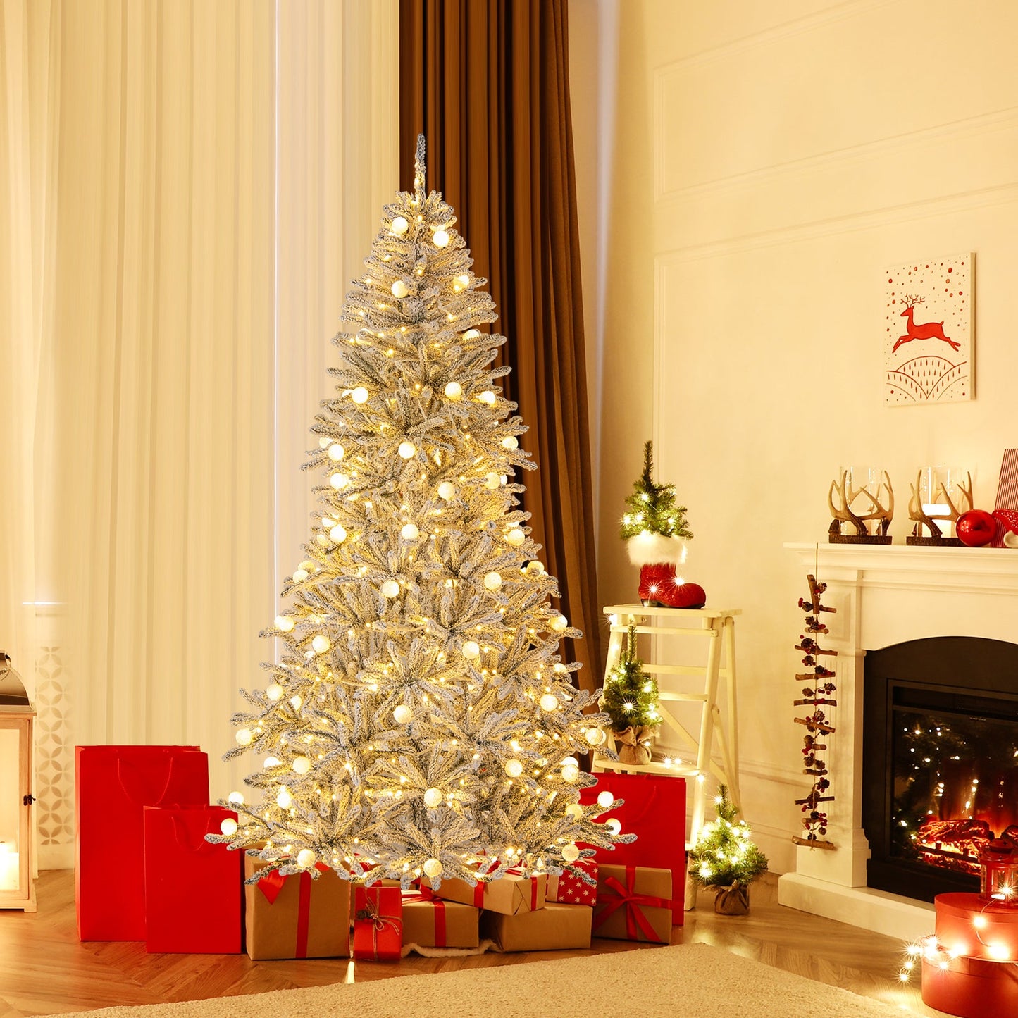 6 Feet Snow-flocked Artificial Christmas Tree Pre-lit Hinged with 81 Sphere Lights and Remote
