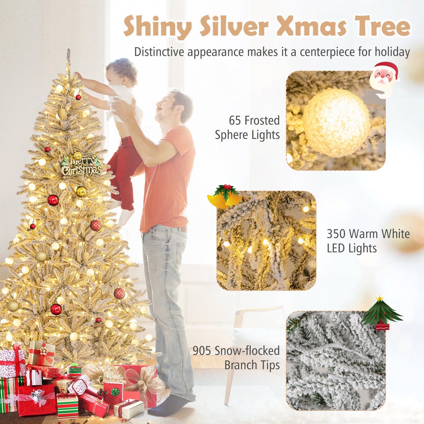 6 Feet Snow-flocked Artificial Christmas Tree Pre-lit Hinged with 81 Sphere Lights and Remote