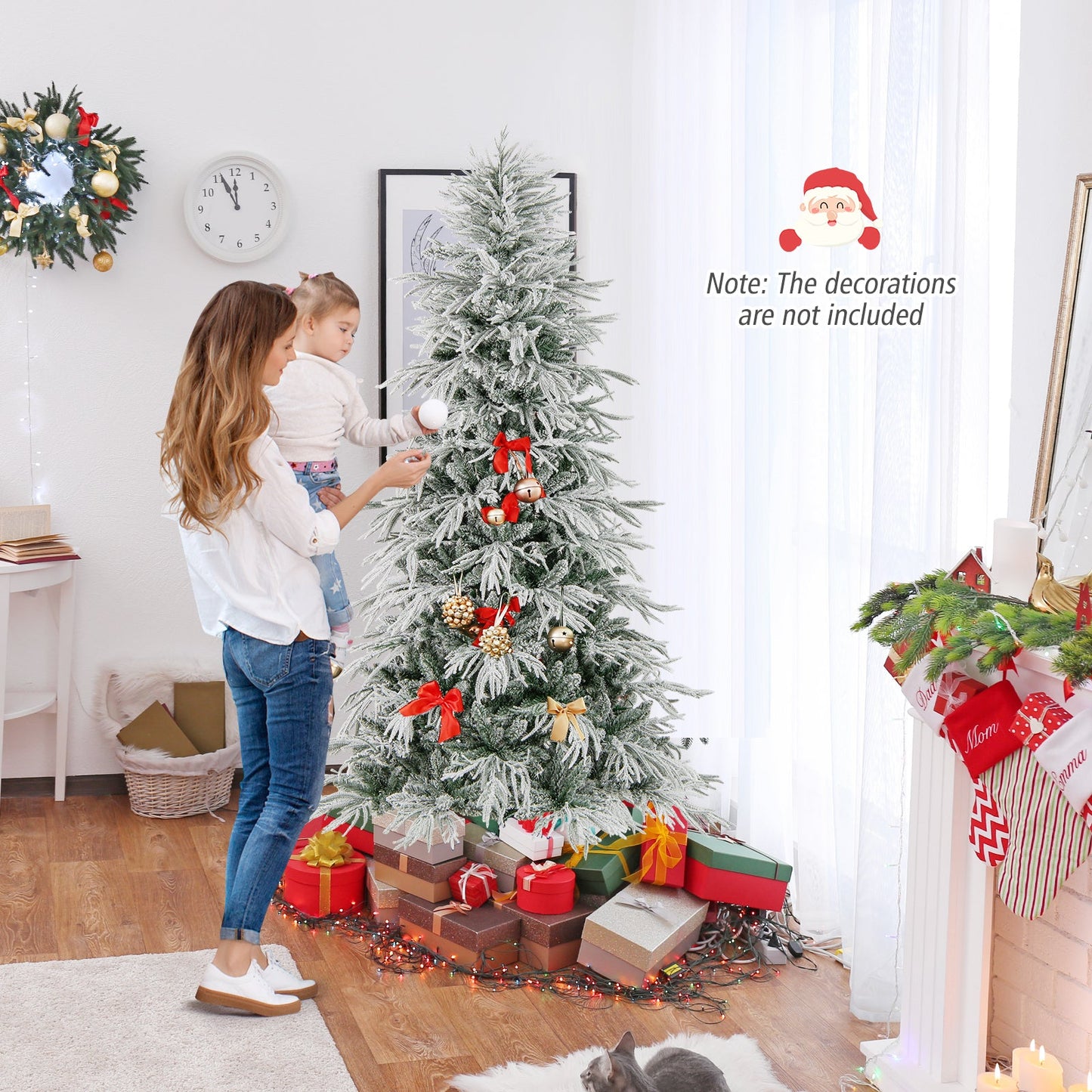 7 Feet Snow-flocked Artificial Christmas Tree Pre-lit Hinged Xmas Tree with Warm White LED Lights