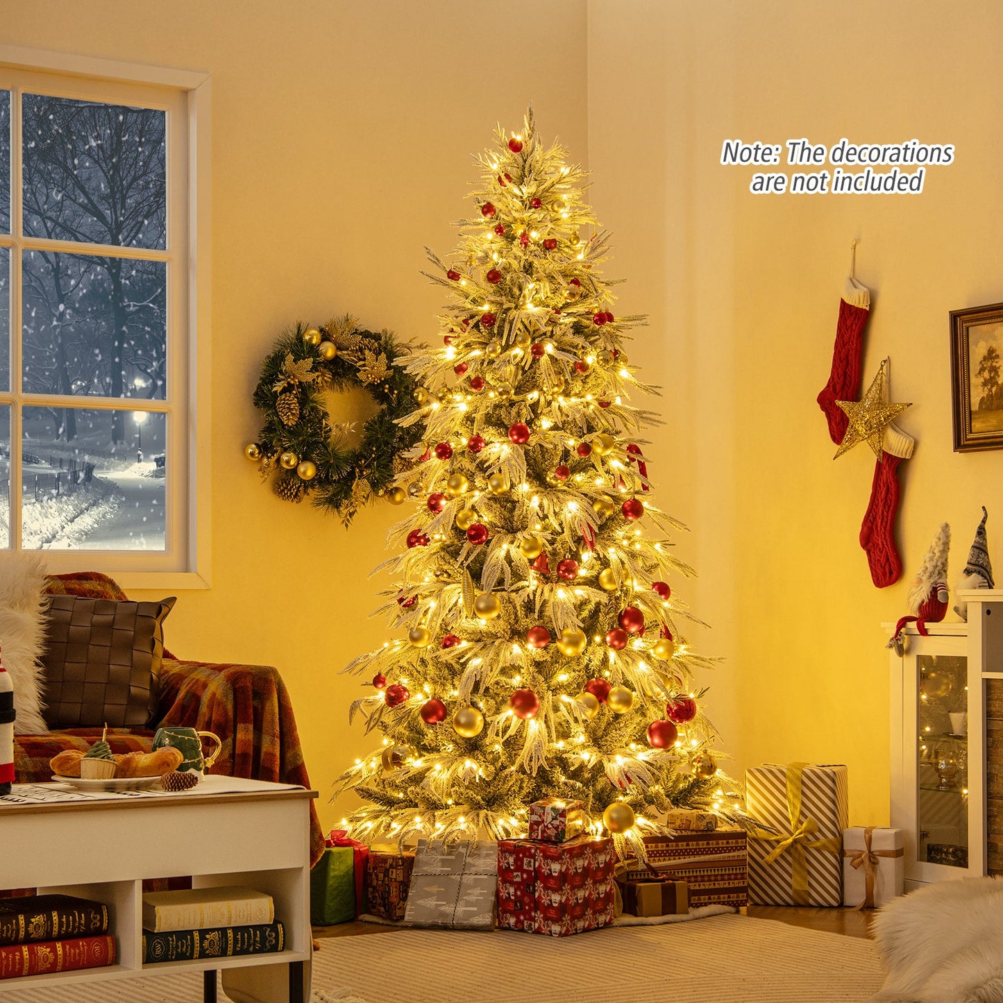 7 Feet Snow-flocked Artificial Christmas Tree Pre-lit Hinged Xmas Tree with Warm White LED Lights
