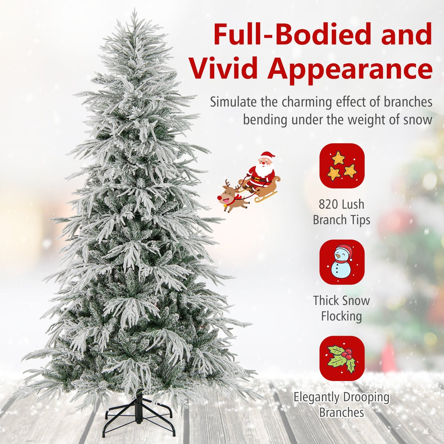 7 Feet Snow-flocked Artificial Christmas Tree Pre-lit Hinged Xmas Tree with Warm White LED Lights