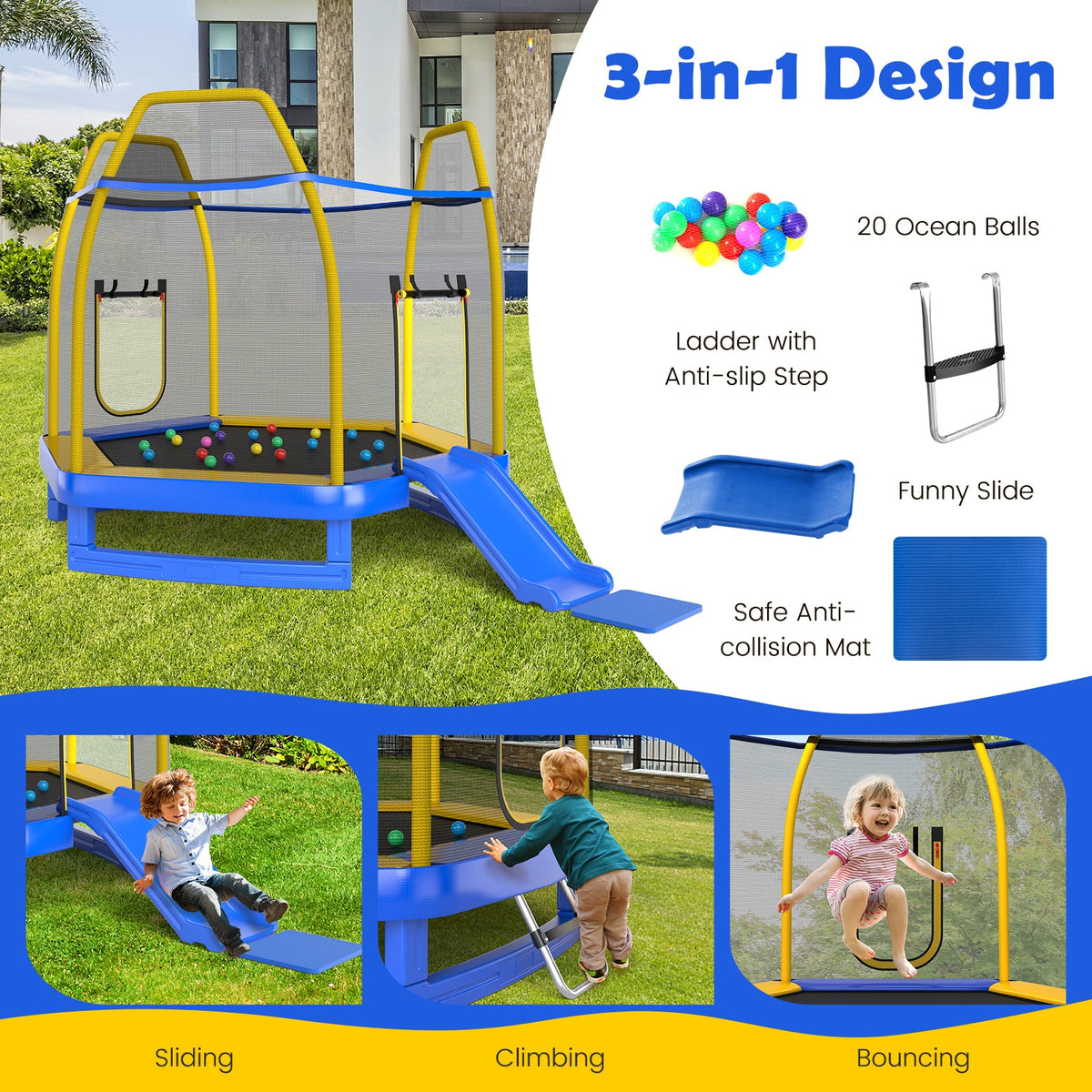 7 Feet Trampoline with Ladder and Slide for Indoor and Outdoor