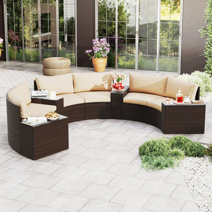 7 Pieces Patio Furniture Set PE Rattan Half-Moon Curved Sofas with Side Tables-Brown