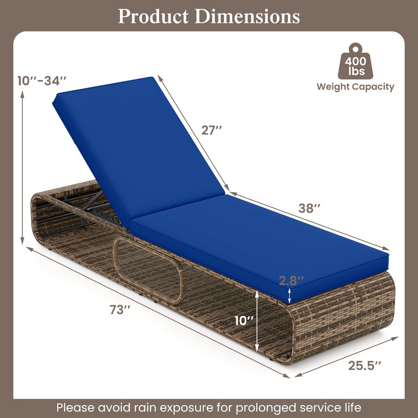Adjustable Outdoor Chaise Lounge Chair with Cushion - 7 Positions
