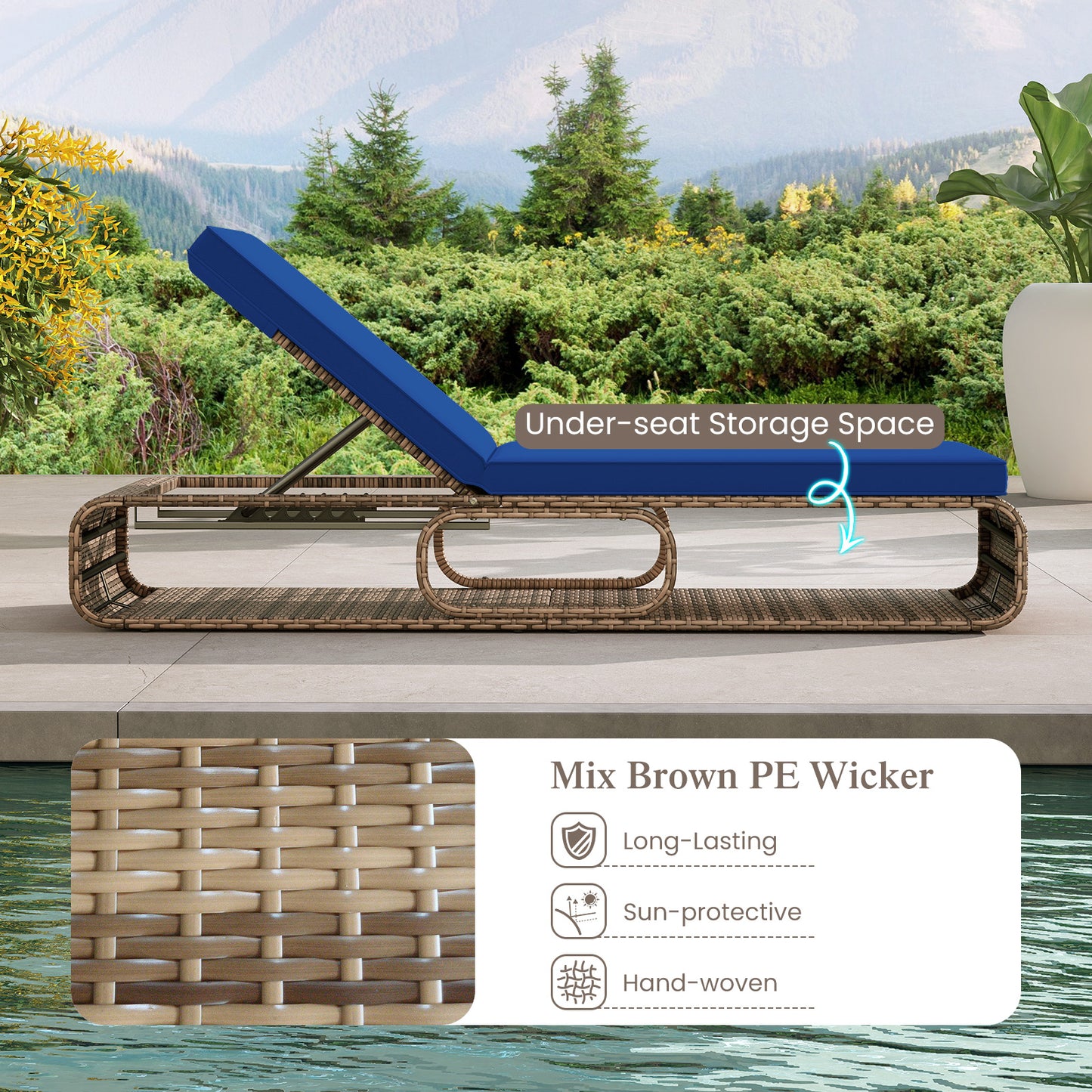 Adjustable Outdoor Chaise Lounge Chair with Cushion - 7 Positions