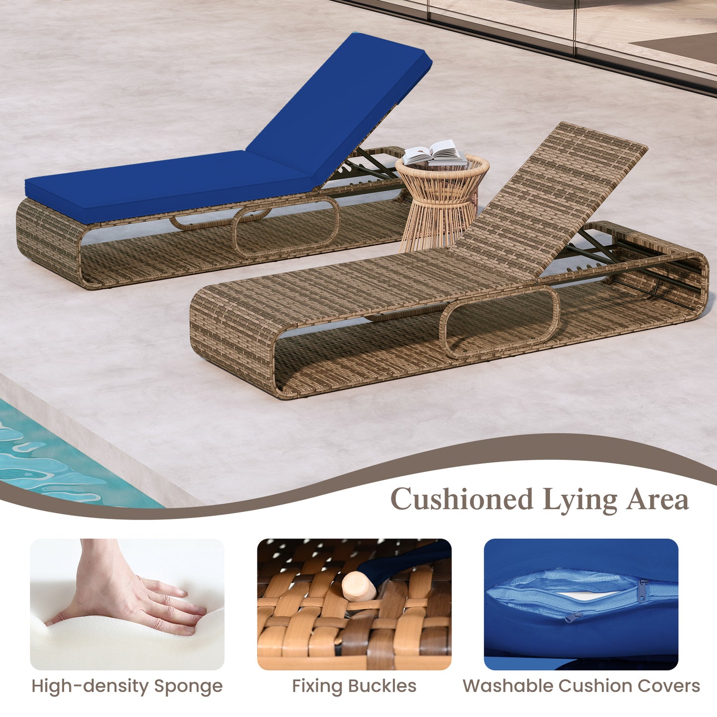Adjustable Outdoor Chaise Lounge Chair with Cushion - 7 Positions