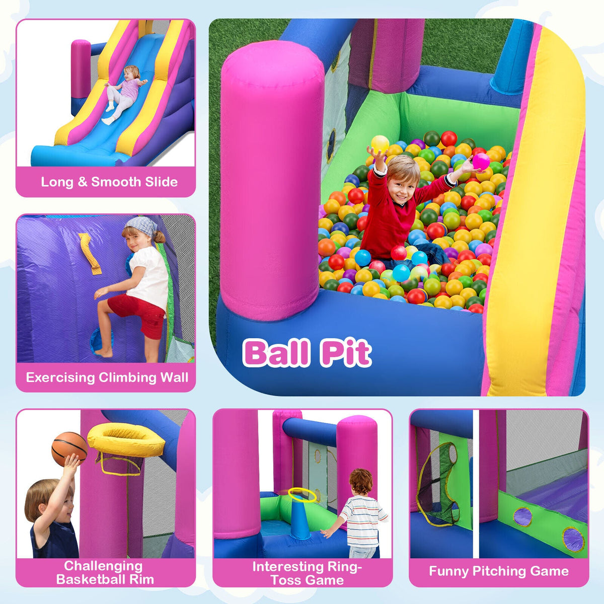 7-in-1 Kids Inflatable Bounce House with Long Slide and 735W Blower