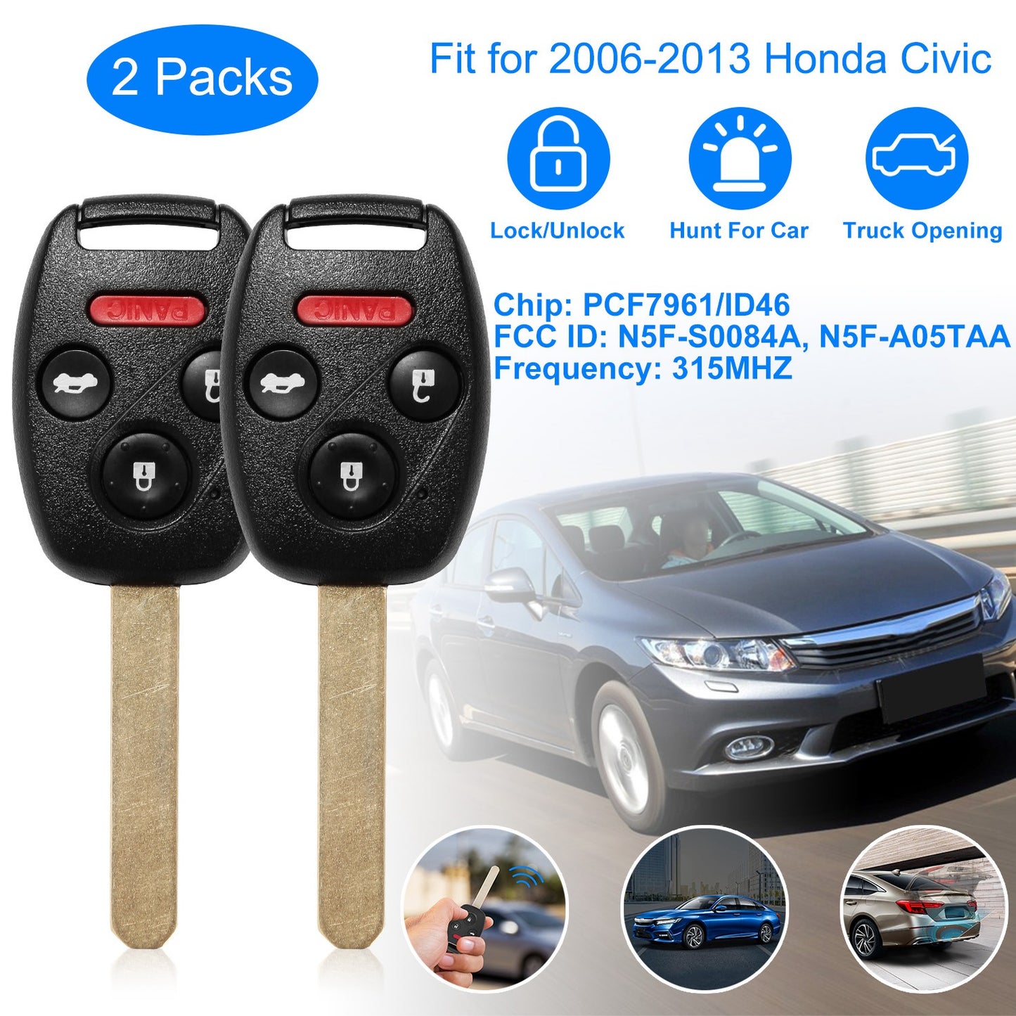 Remote Key Fob for Honda Civic 2006-2013 (2-Pack)