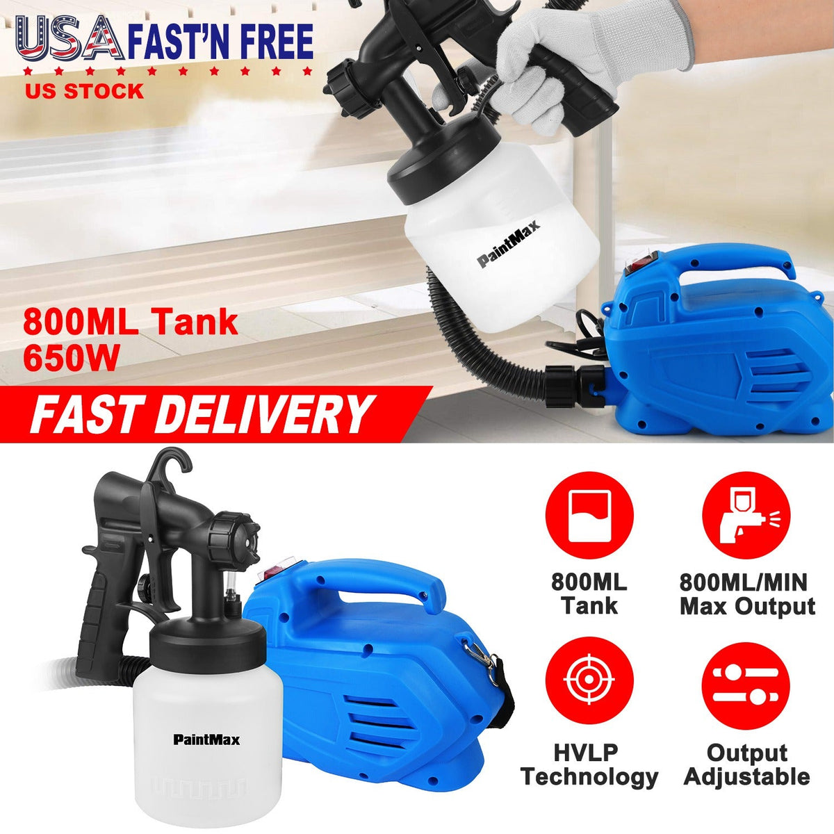 800ML Paint Spray Painter 650W Paint Sprayer Machine 800ML/Min Output HVLP Oil Primer Water Sprayer w/ 3 Spraying Patterns Motor Strap Detachable Cont