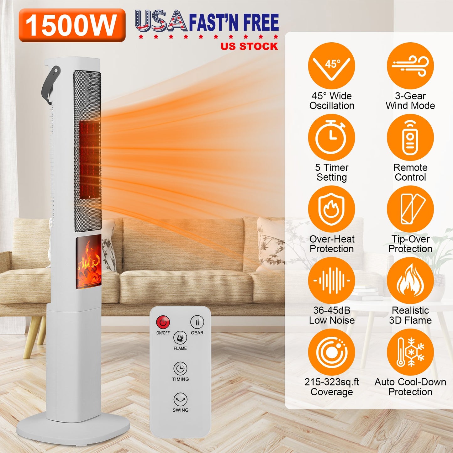 Oscillating Ceramic Tower Space Heater with 3D Flame Effect