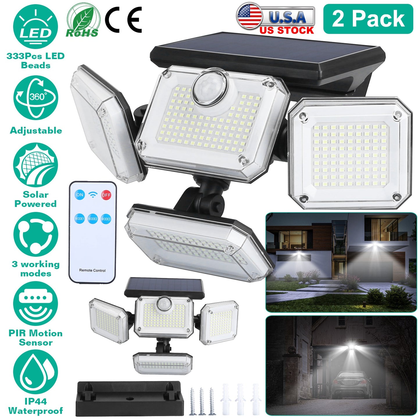 Solar Motion Sensor Wall Light 2-Pack with 333 LED Beads