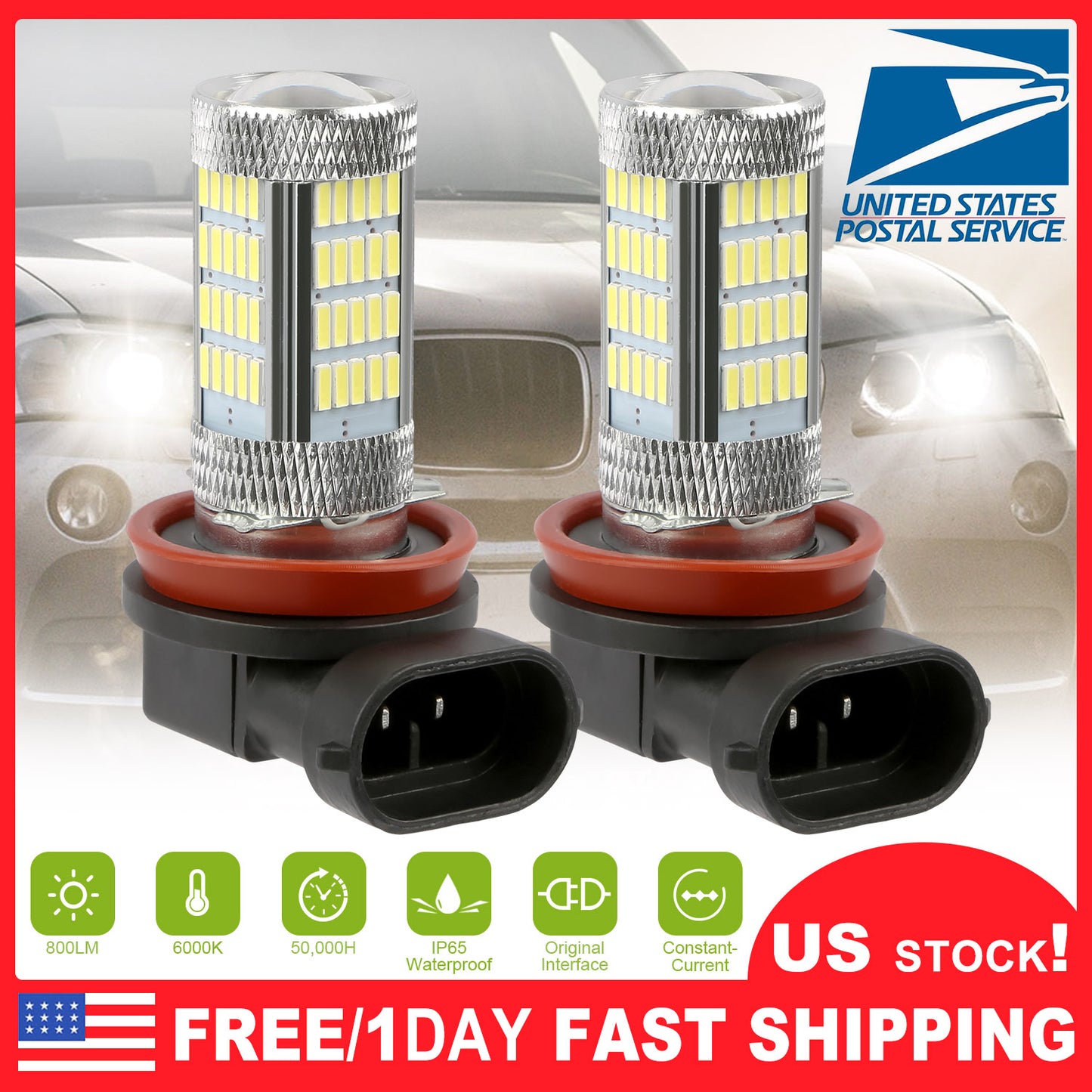 H8/H9/H11 LED Fog Light Bulbs 800lm 6000K White 2-Pack
