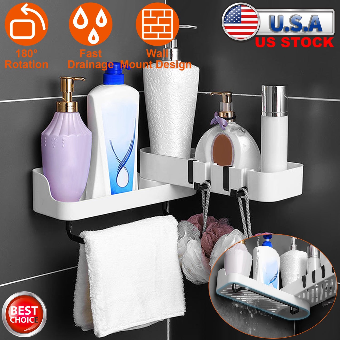 Rotatable Bathroom Corner Caddy Shelf with Towel Bar