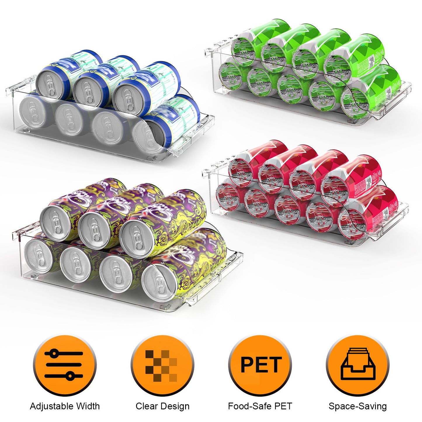 Adjustable Soda Can Organizer for Refrigerator - 4 Pack Clear
