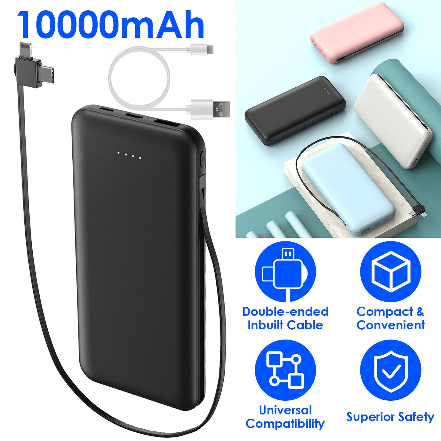 10000mAh Portable Power Bank with Built-In Cables