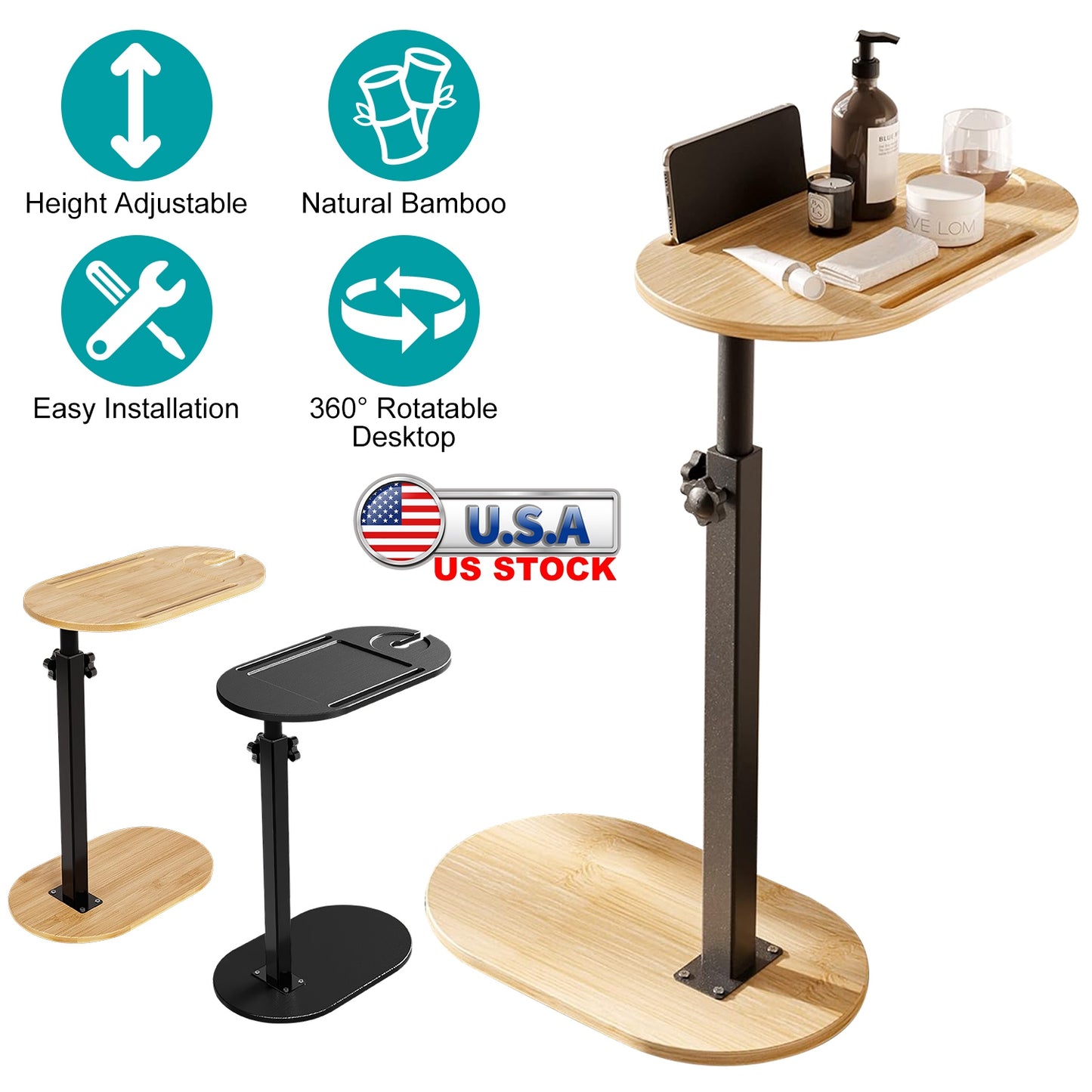 Adjustable C-Shaped Bathtub Tray Table with 360° Rotation