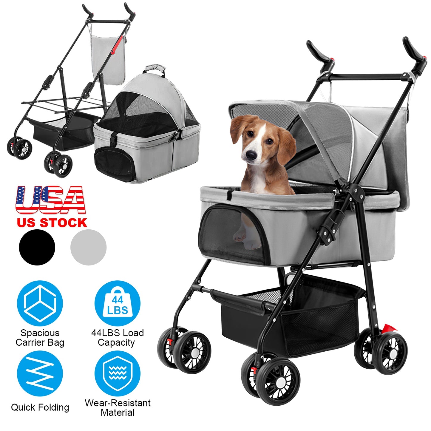 Foldable Pet Stroller with Removable Carrier for Dogs & Cats