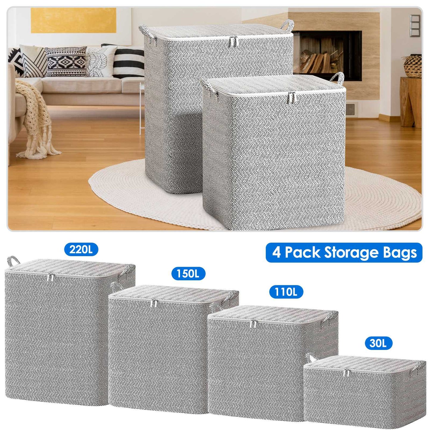 Foldable Storage Bags 4-Pack with Handles & Lids (30L-220L)