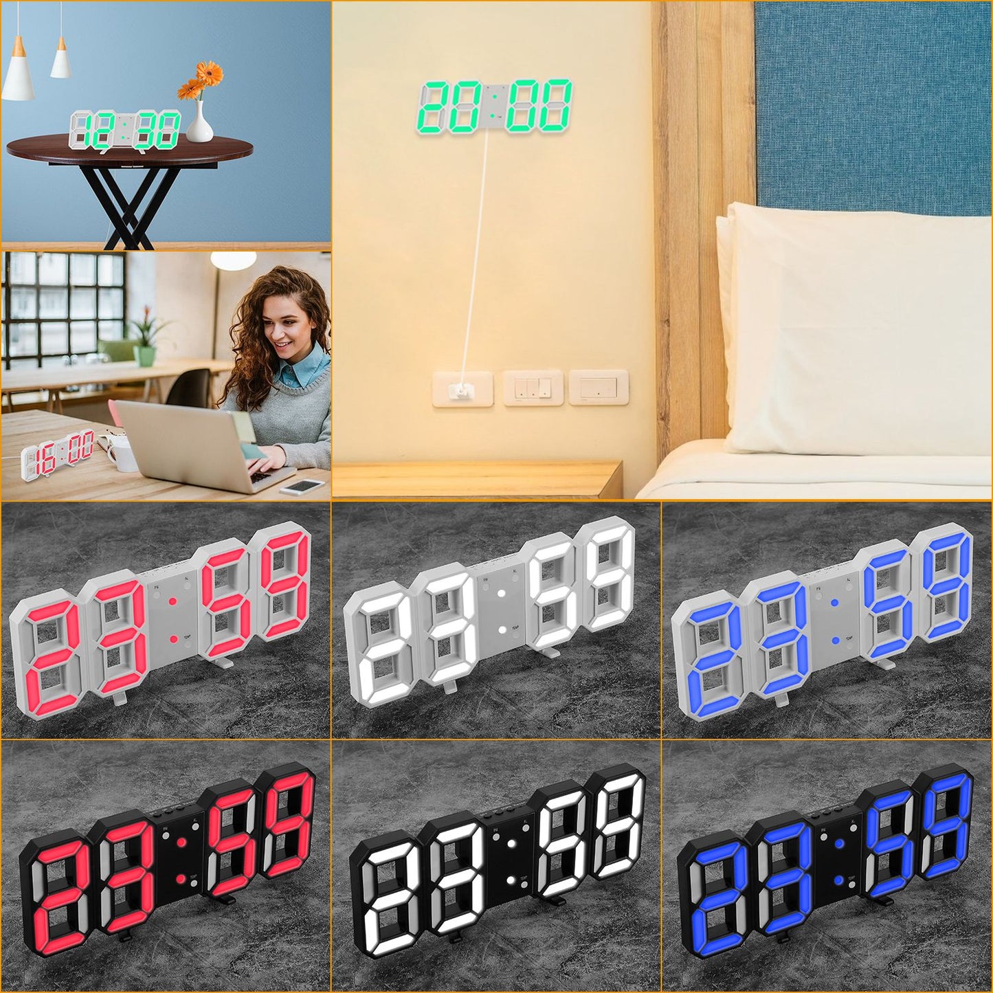 3D LED Digital Wall Clock with Sound Control and Temperature