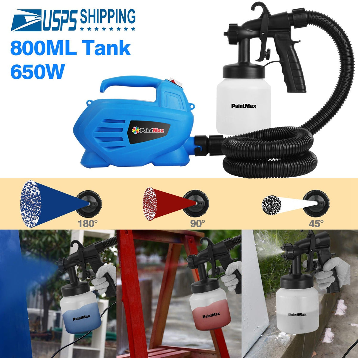 800ML Paint Spray Painter 650W Paint Sprayer Machine 800ML/Min Output HVLP Oil Primer Water Sprayer w/ 3 Spraying Patterns Motor Strap Detachable Cont