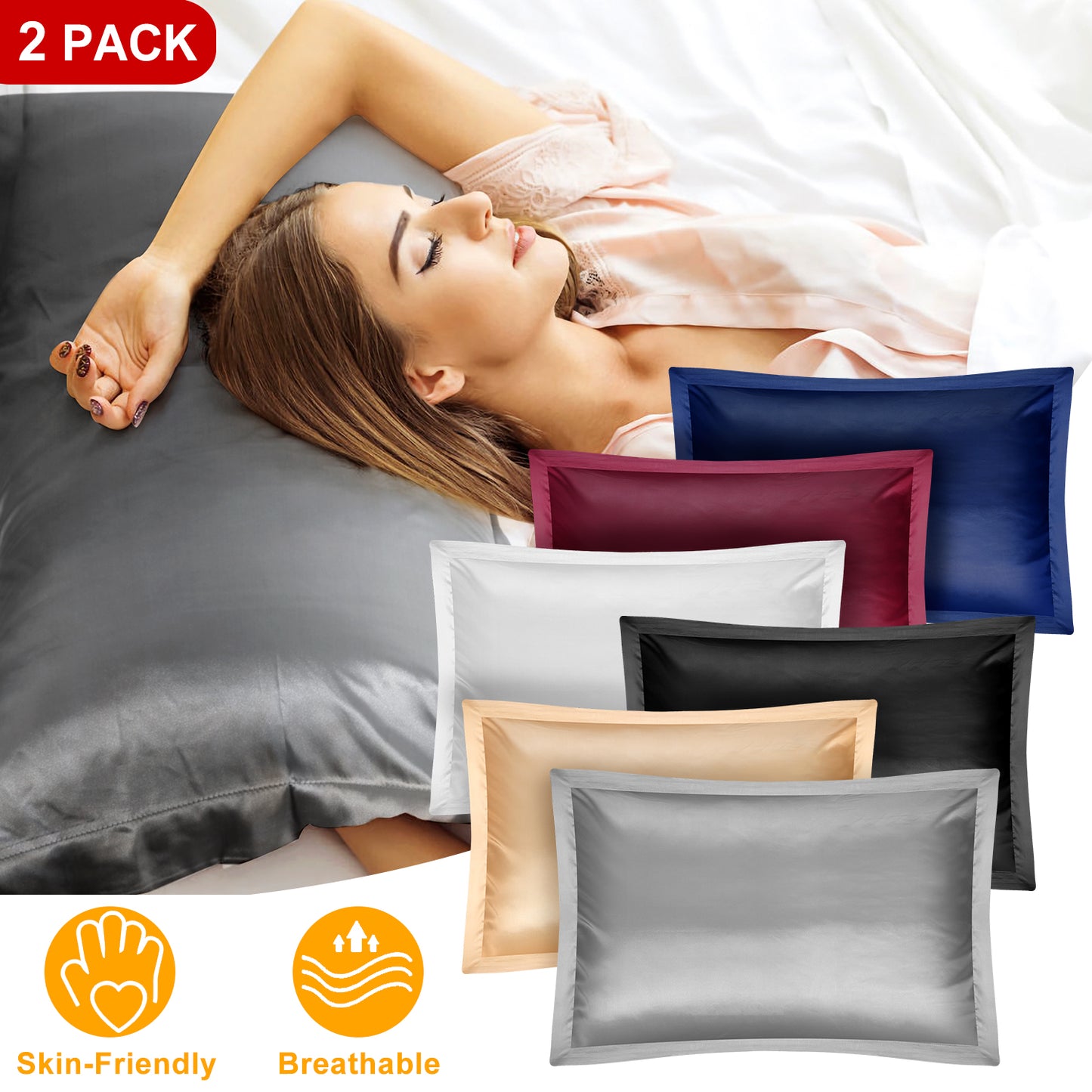 Satin Pillowcases Queen Size - 2 Pack Silky Smooth