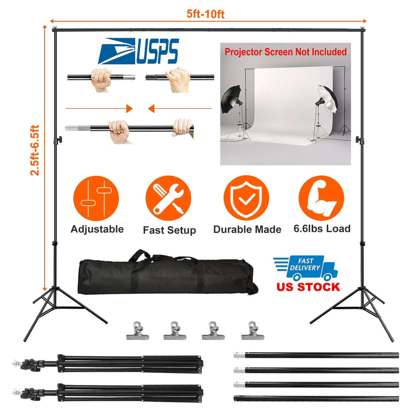 Backdrop Stand 6.5x10ft Adjustable Photography Support System