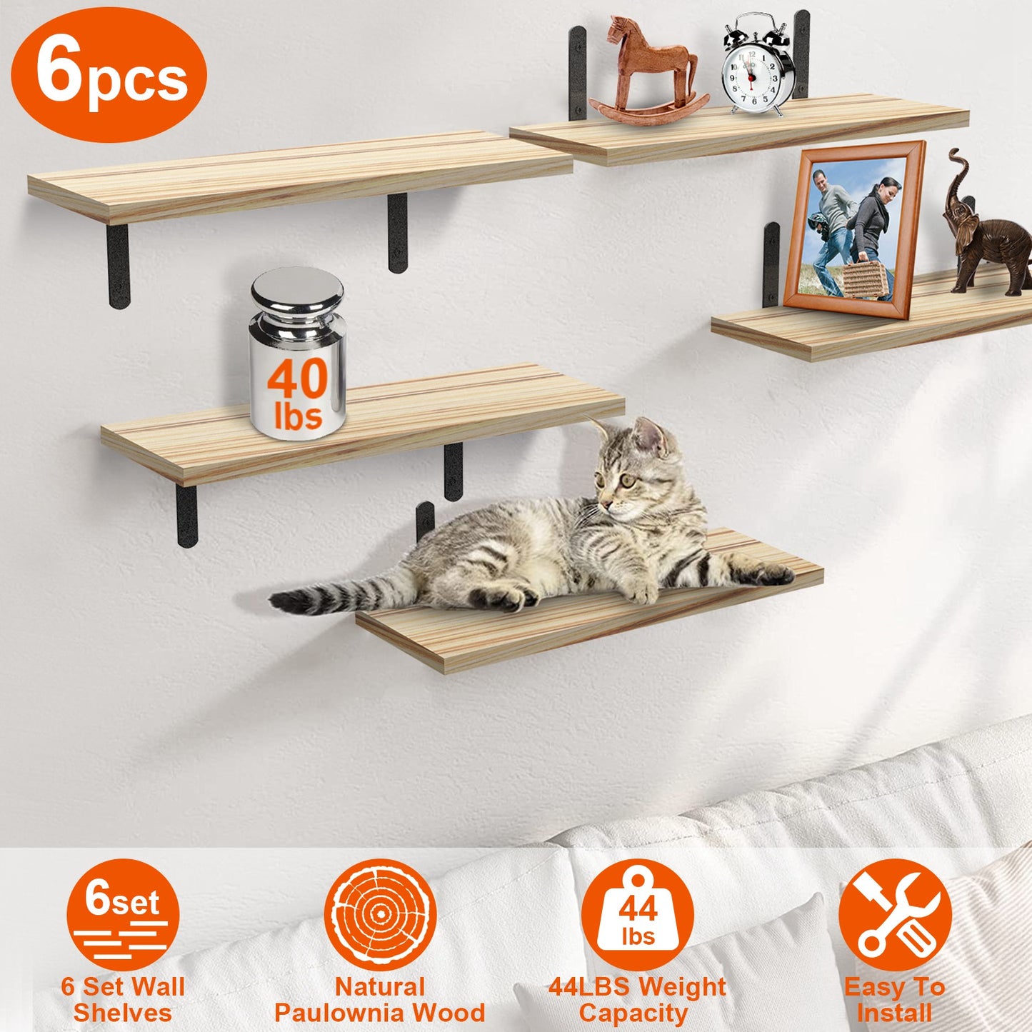 Floating Wall Shelves Set of 6 - Wood & Metal Storage Organizer