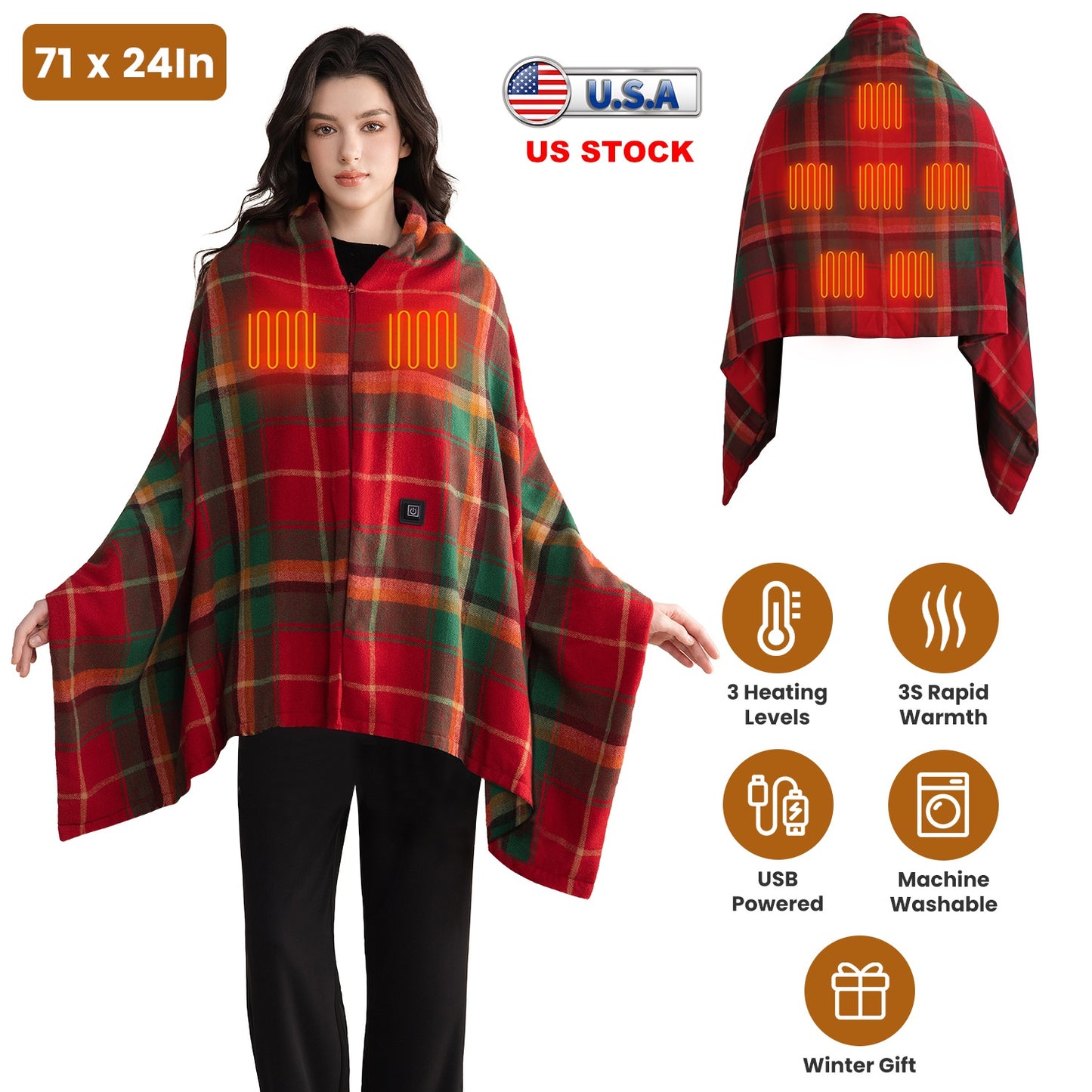 USB Heated Shawl with 3 Heat Levels and Zipper