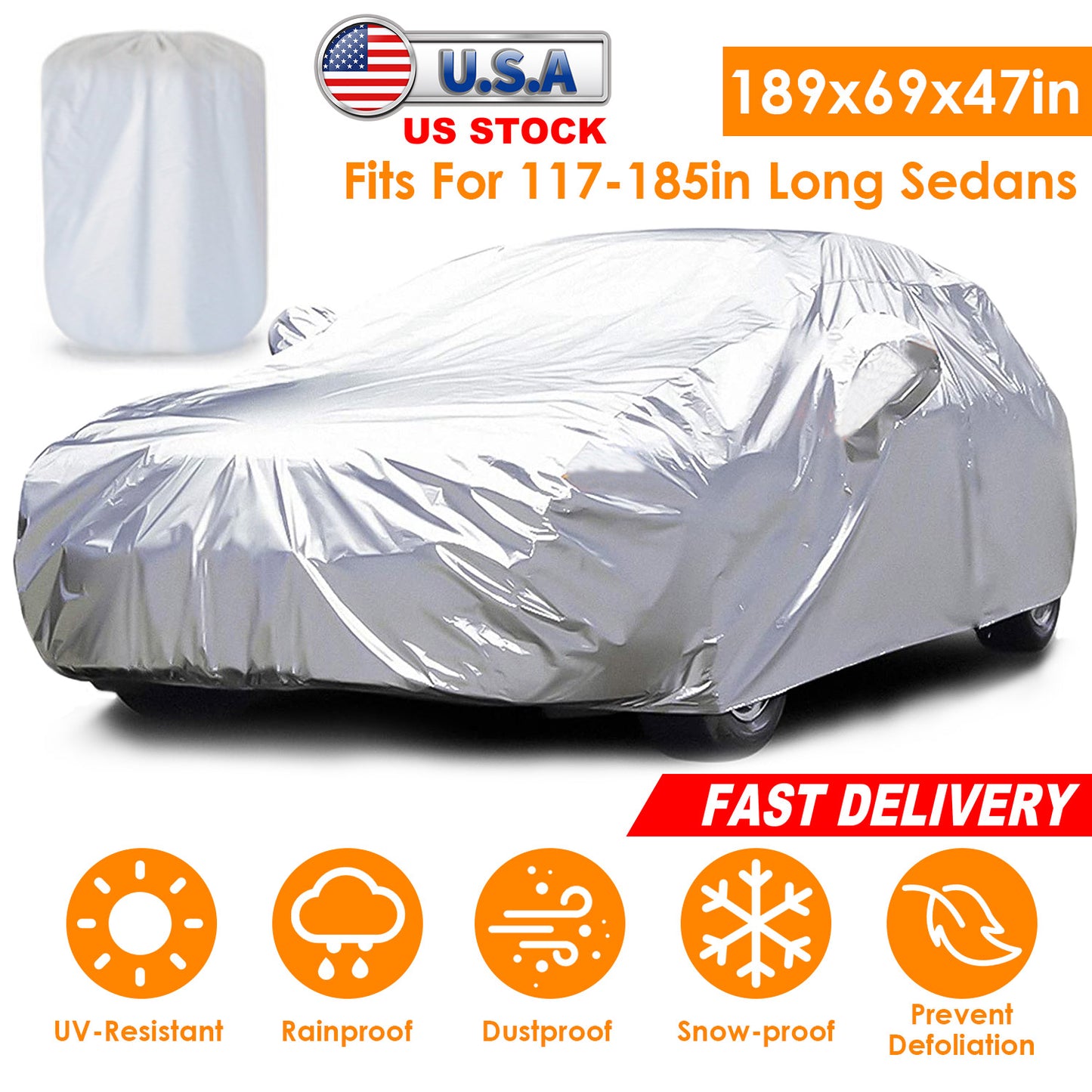 Full Car Cover 189x69x47in All Weather UV Protection for Sedans