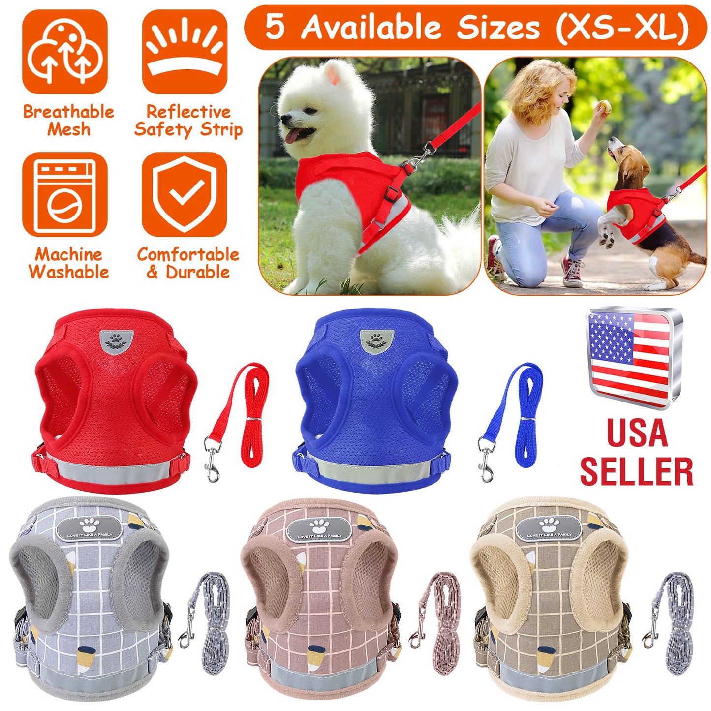 Reflective Dog Harness and Leash Set with Adjustable Mesh Vest