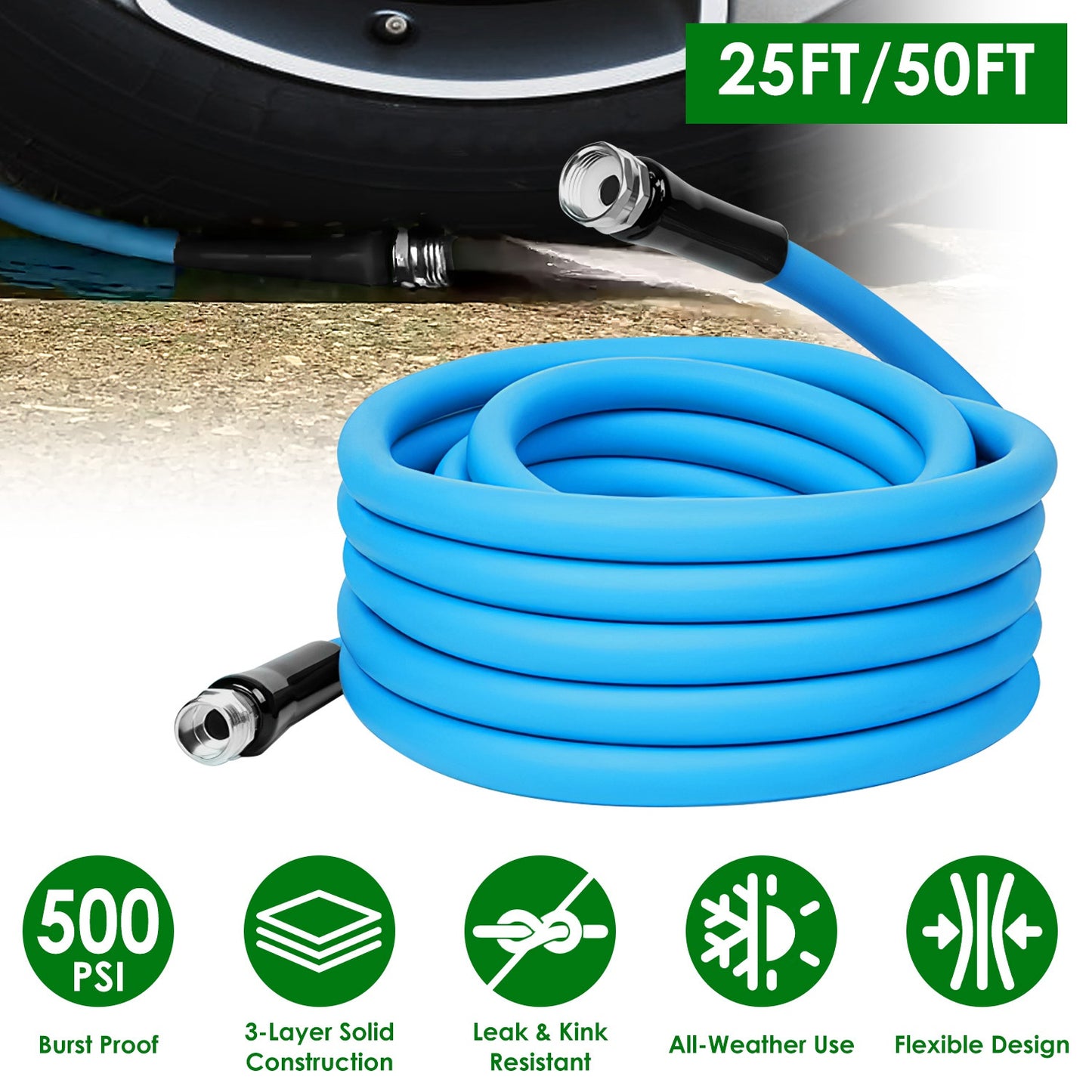 5/8" Heavy Duty PVC Garden Hose - Kink-Free, 500PSI Burst