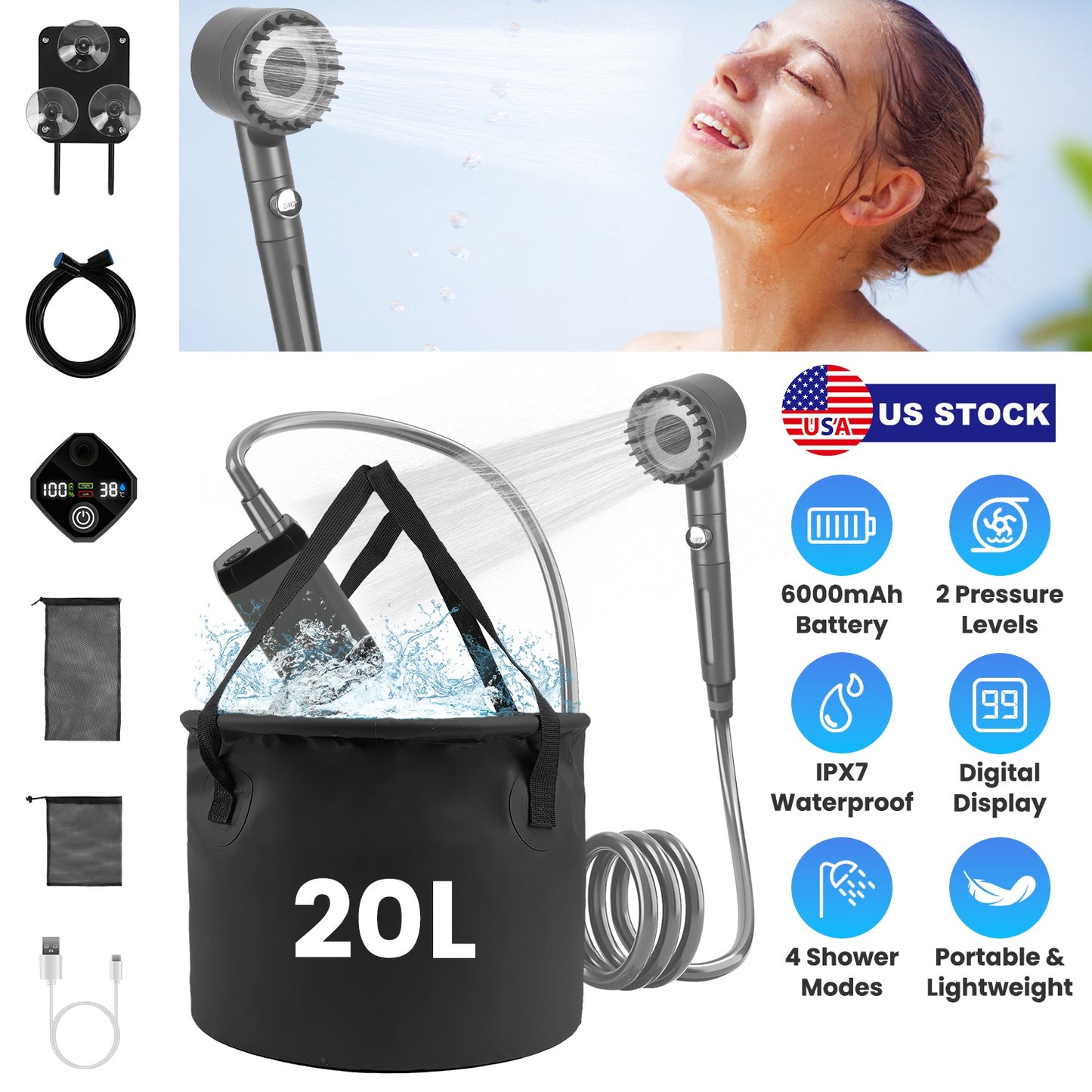 Portable Camping Shower with Rechargeable Pump & 5.3 Gallon Bucket