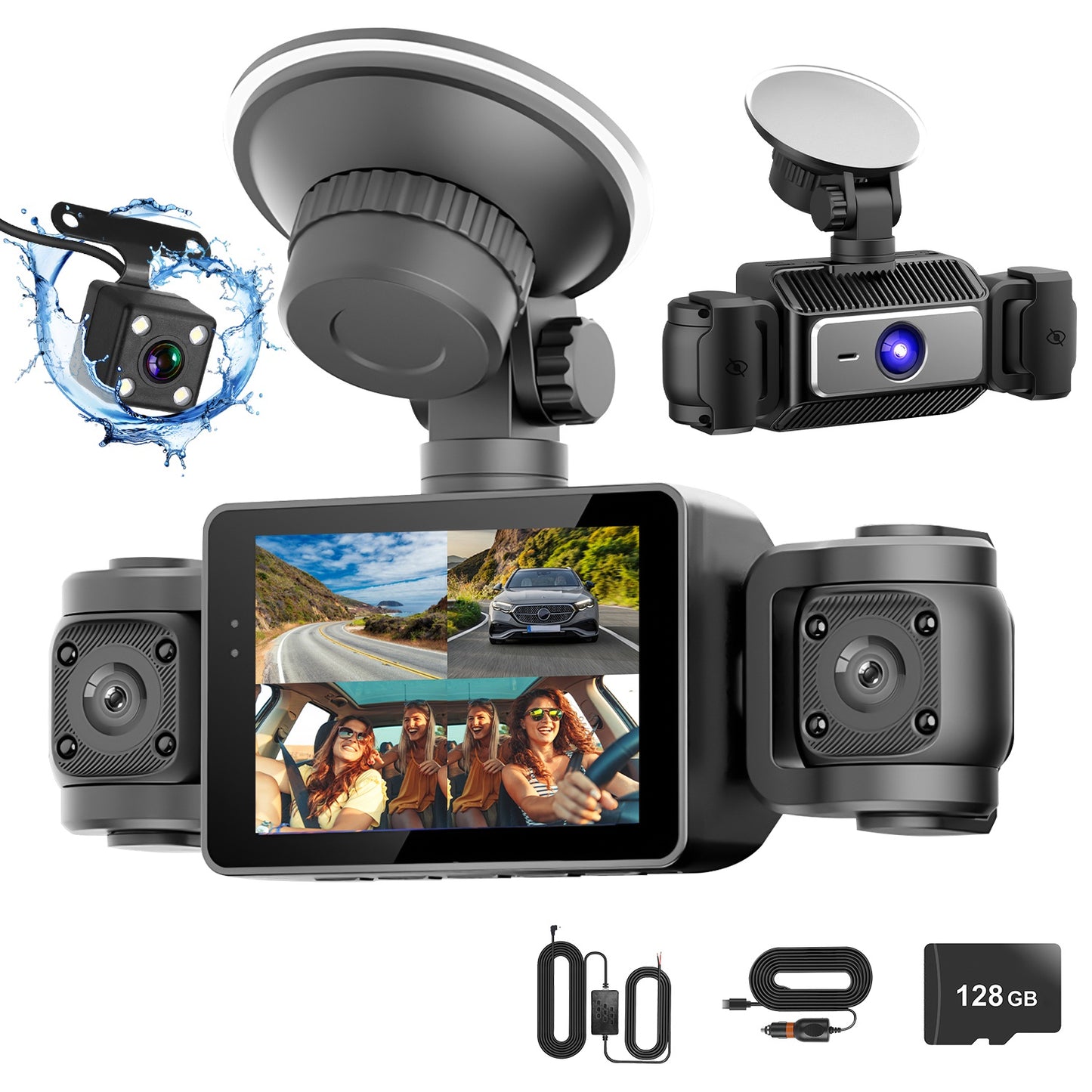 4 Channel Dash Cam with 360° Coverage & 128GB Card