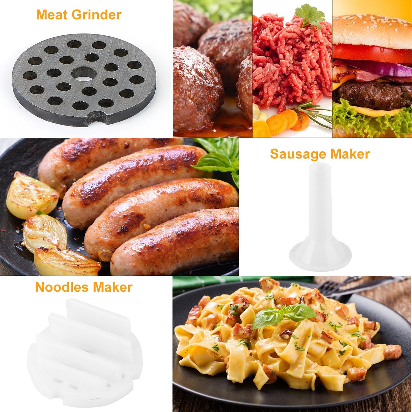 Manual Meat Grinder with Sausage & Noodle Attachments