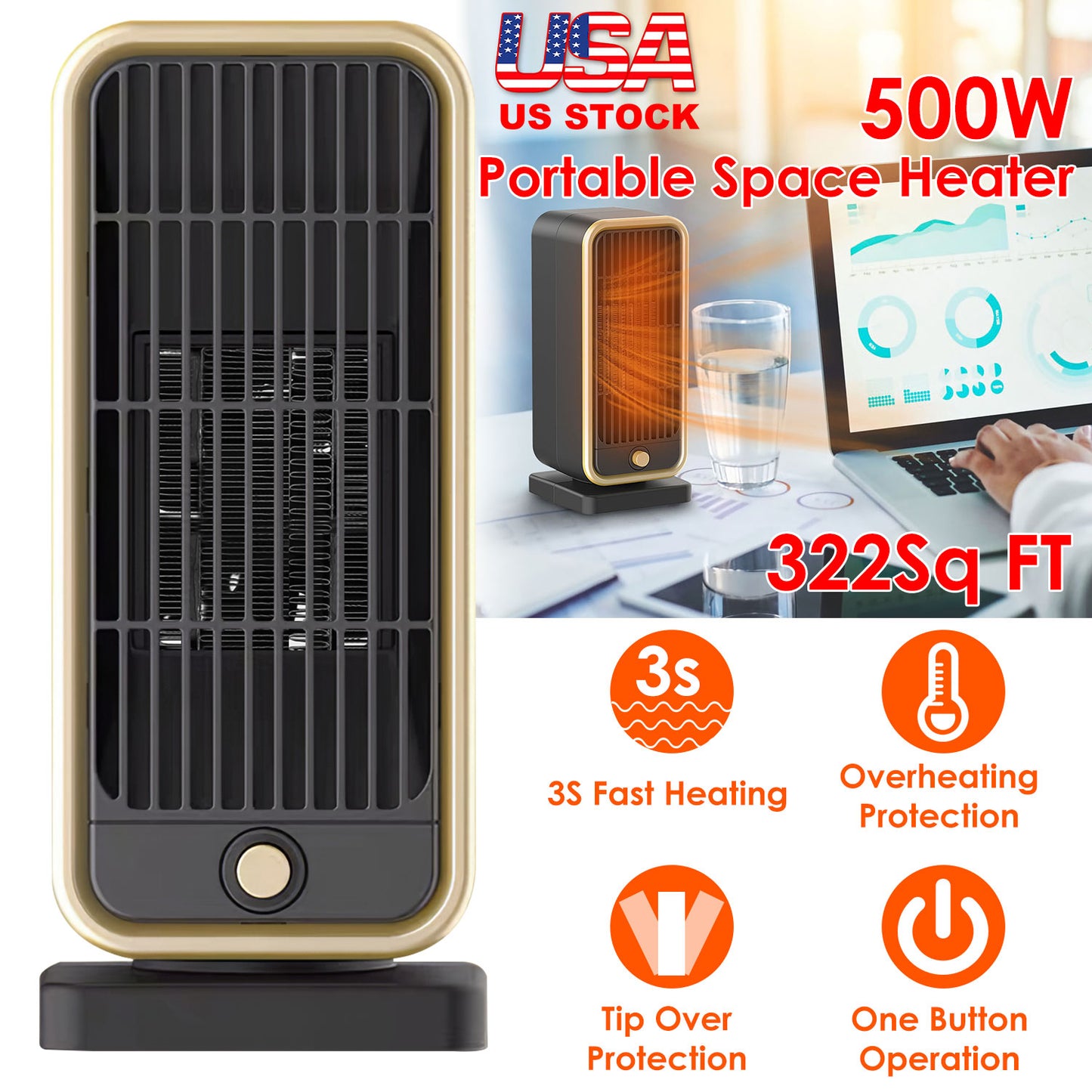 500W Portable Ceramic Space Heater with Tip-Over Protection