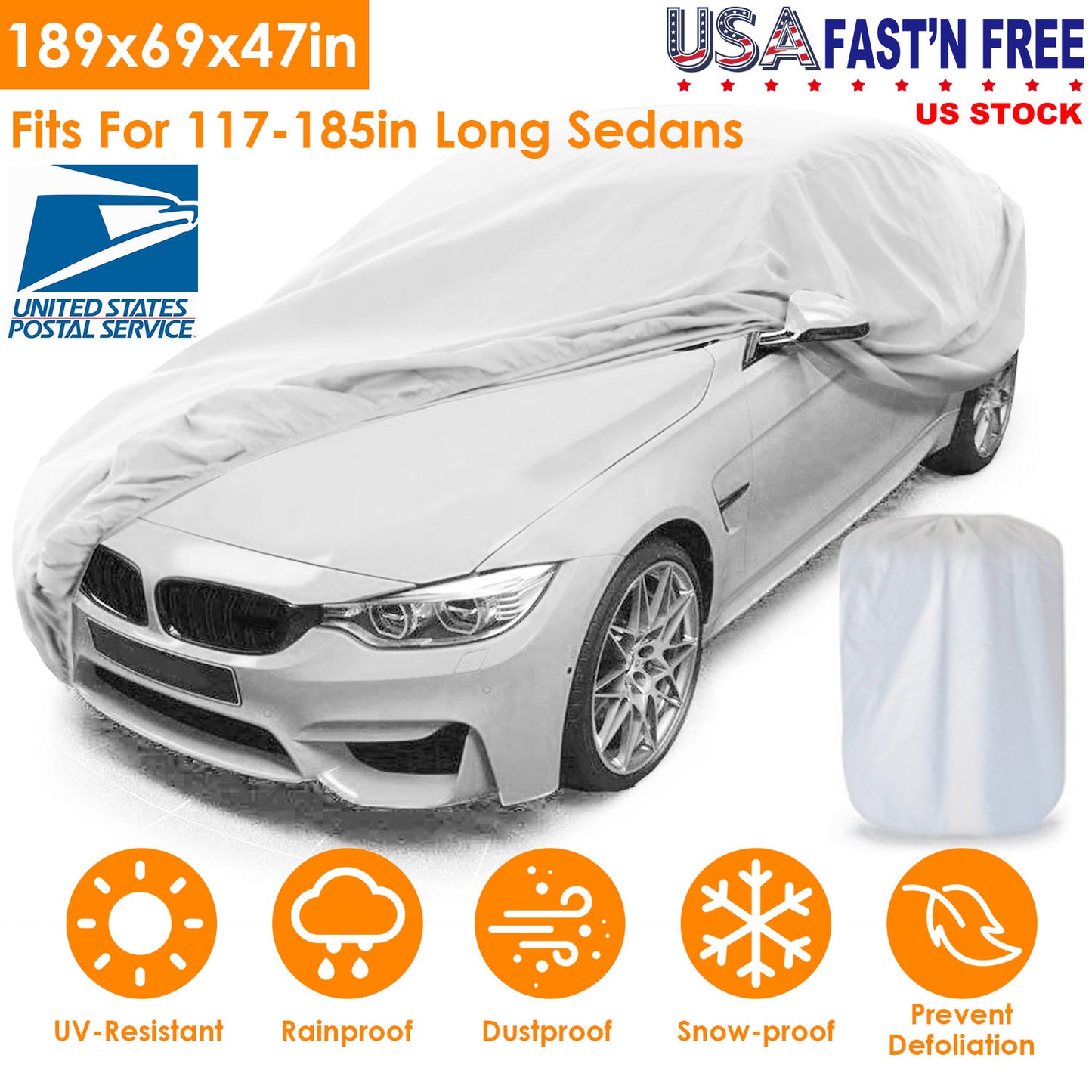 Full Car Cover 189x69x47in All Weather UV Protection for Sedans