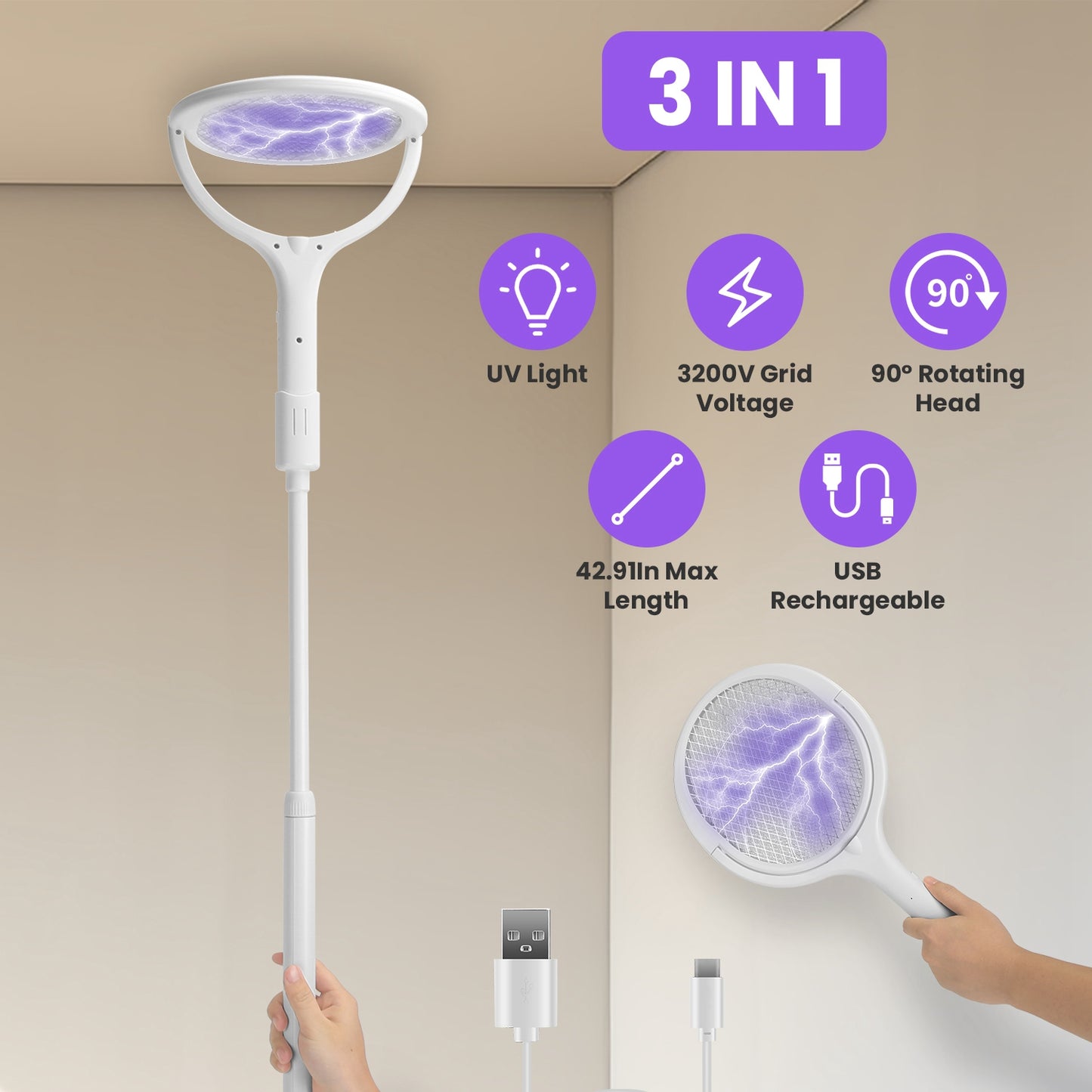 Electric Bug Zapper Racket with 90° Rotating Head & Extension