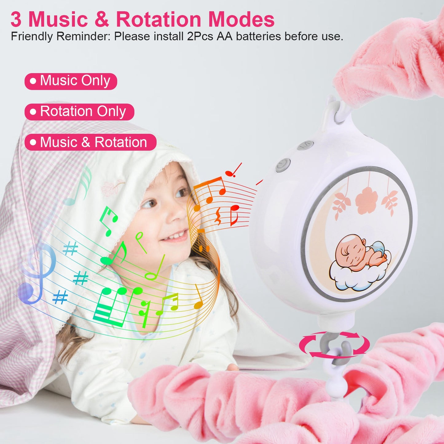 Musical Crib Mobile with 12 Melodies & Flower Rattles