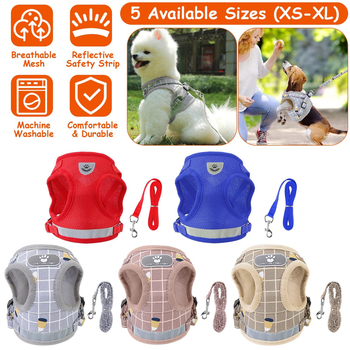 Reflective Dog Harness and Leash Set with Adjustable Mesh Vest